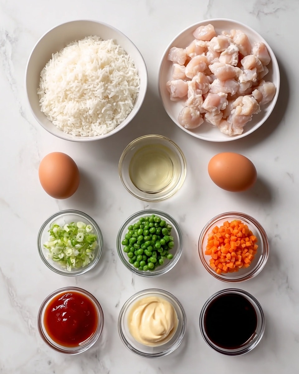 The image shows nine separate white or clear small bowls and plates arranged neatly on a white marbled surface. One large white bowl is filled with fluffy white rice, while a white plate holds many pieces of raw diced chicken, pale pink in color, sitting to the right of the rice. Below the rice is a small white bowl with a clear liquid, likely oil. Two whole brown eggs are placed side by side near the center of the layout. A clear bowl contains a mix of green peas and small orange carrot cubes to the right of the eggs. Below these are four small clear bowls filled with different sauces and ingredients: bright green sliced scallions, creamy light yellow mayonnaise, a dark soy sauce, an orange sweet chili sauce, and a thick red sauce, probably ketchup or hot sauce. Everything is cleanly arranged on the white marbled texture. photo taken with an iphone --ar 4:5 --v 7