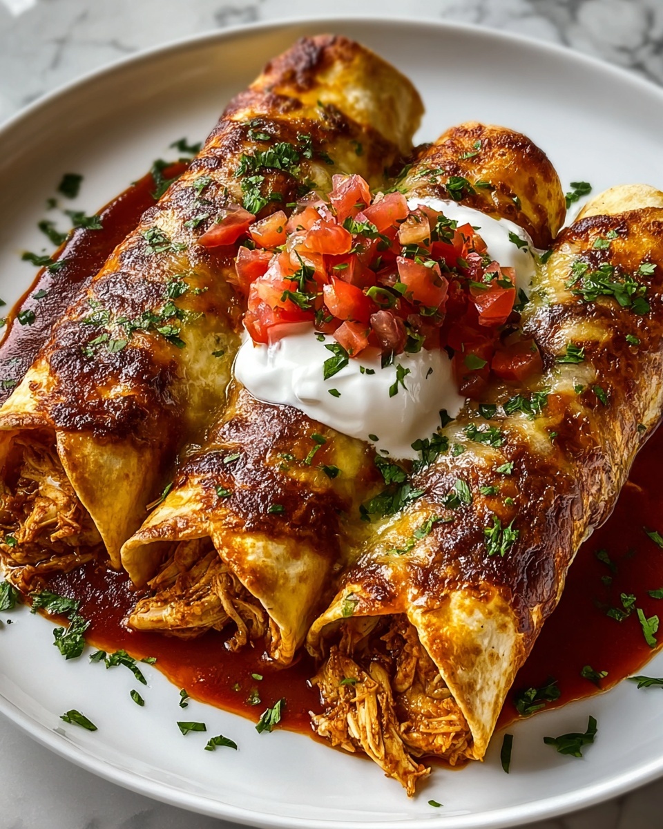 The dish shows four crispy rolled tortillas covered in a dark golden-brown crust with melting cheese. Inside the tortillas, there is shredded chicken with an orange-brown color. The tortillas rest on a shiny, rich red sauce that spreads out on the white plate. On top of the middle tortilla, there is a generous white dollop of sour cream. On the sour cream, there is a bright layer of diced red tomatoes mixed with small pieces of fresh green herbs. Around the tortillas, finely chopped green herbs are sprinkled. The whole scene is set on a surface with white marbled texture. photo taken with an iphone --ar 4:5 --v 7