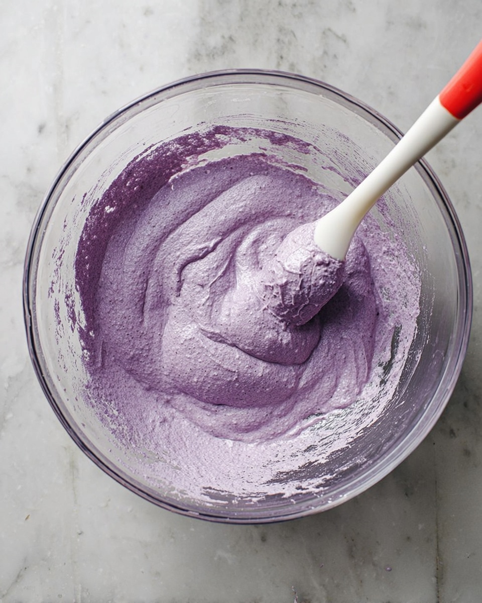 A clear glass bowl filled with thick, creamy purple batter sits on a white marbled surface. A silicone spatula with a white and red handle rests inside the bowl, coated in the same purple batter. The batter has a smooth texture with some visible air bubbles, and slight peaks and swirls are formed on top from stirring. The bowl is shown from above, capturing the inner curves and some traces of batter on the side. photo taken with an iphone --ar 4:5 --v 7