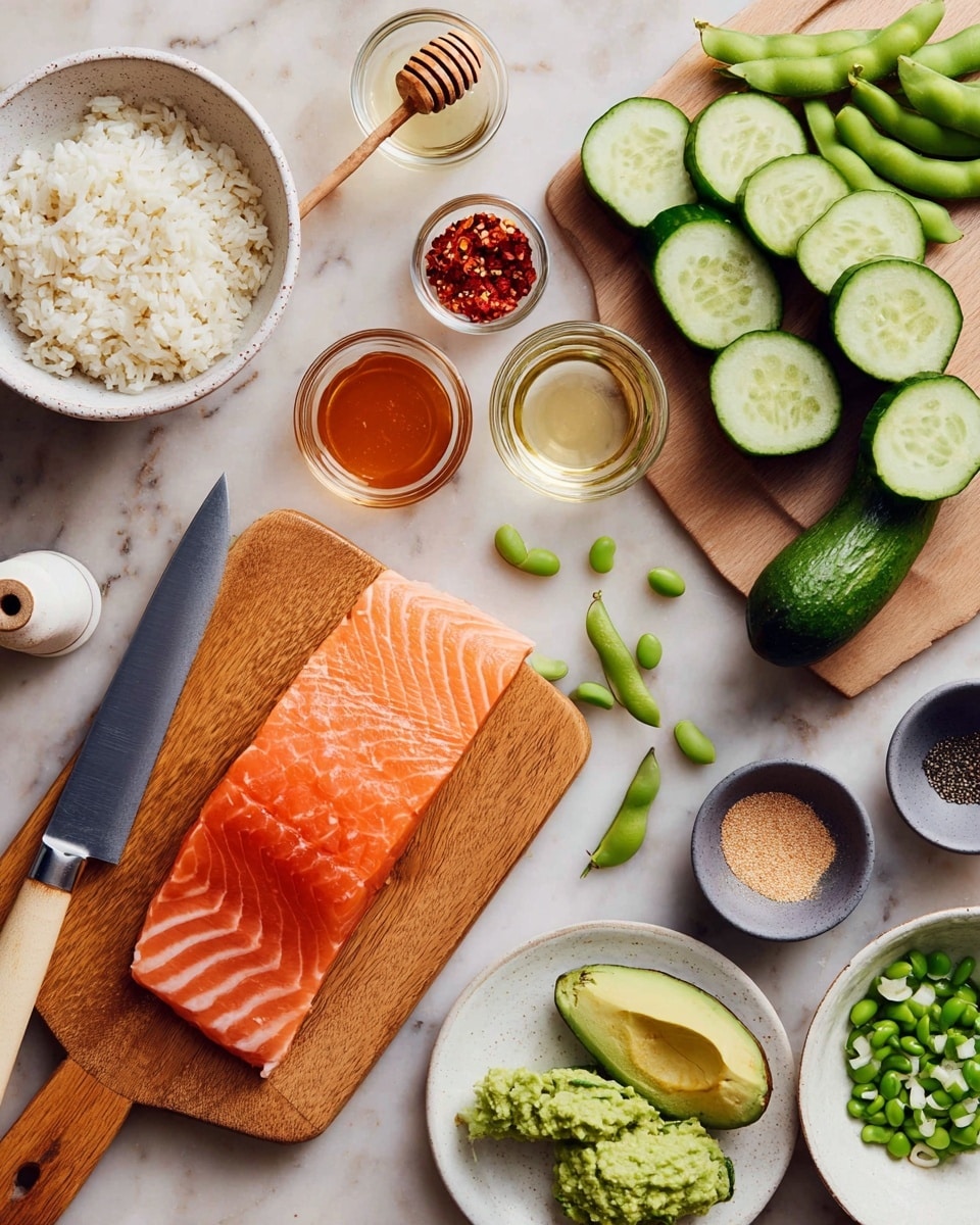 A piece of bright orange salmon with white lines lies on a white plate in the bottom left. Next to it, thin green sliced cucumber pieces and whole cucumbers rest on a wooden cutting board near a silver knife with a light brown handle, all placed on a white marbled surface. In the top left, a white bowl is filled with white rice, close to small glass bowls containing amber honey with a wooden honey dipper, red chili flakes, and a brown liquid. A small white bottle with a dark opening stands near a tiny green bowl of light brown powder. On the bottom right, a white plate holds a green avocado cut in half and some chopped green onions with stalks, with a small dark grey bowl of black pepper nearby. A bowl with bright green edamame beans is near the top right edge. photo taken with an iphone --ar 4:5 --v 7