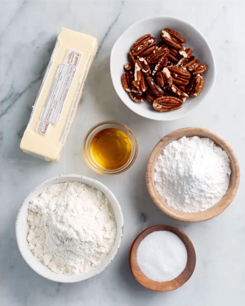 A white marbled surface holds six main items arranged neatly: a rectangular stick of butter with labels showing, a small white bowl filled with brown pecan nuts, a medium white bowl packed full of white flour, a tiny glass container filled with golden liquid, a small wooden bowl containing white salt, and a medium white bowl filled with white powdered sugar. The scene is clean, bright, and organized with soft natural light. Photo taken with an iphone --ar 4:5 --v 7