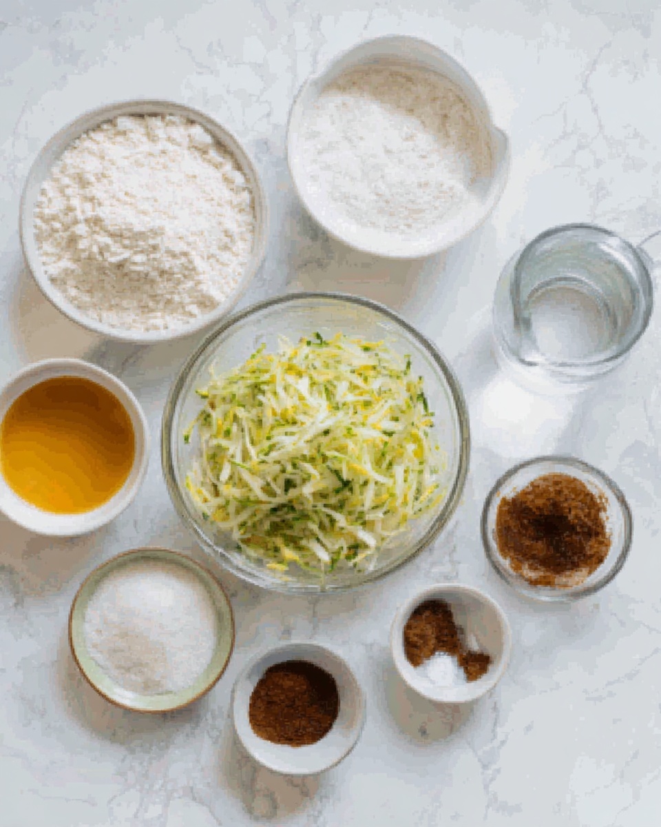 The image shows several clear and white glass bowls arranged on a white marbled surface. In the center is a clear glass bowl with shredded green and yellow vegetables mixed with small white strands. Surrounding it are other bowls holding various ingredients: a large bowl contains white flour, a smaller bowl holds orange liquid, another contains brown sugar, one has granulated white sugar, and two tiny bowls contain fine white powder and dark brown powder. There is also a clear pitcher with a transparent liquid. A white marbled texture background enhances the clean, organized look. Photo taken with an iphone --ar 4:5 --v 7