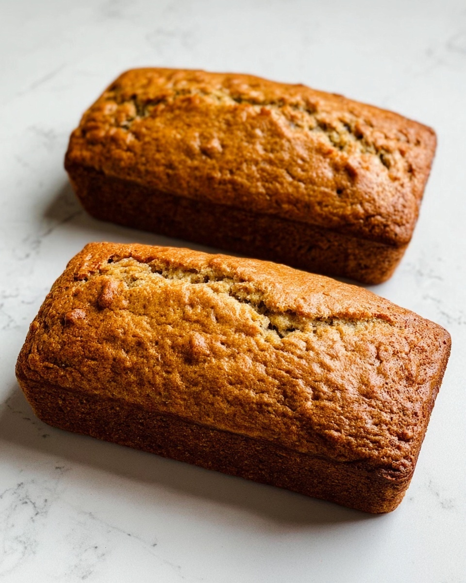 The image shows two rectangular banana breads placed side by side on a white marbled surface. Both breads have a golden-brown crust with a lightly bumpy texture on top, indicating they are well baked. The bread in the back is slightly larger and thicker than the one in front. The edges are slightly darker than the top, showing a crisp finish. There are no extra decorations or toppings on the breads, just the plain textured golden crust. Photo taken with an iphone --ar 4:5 --v 7