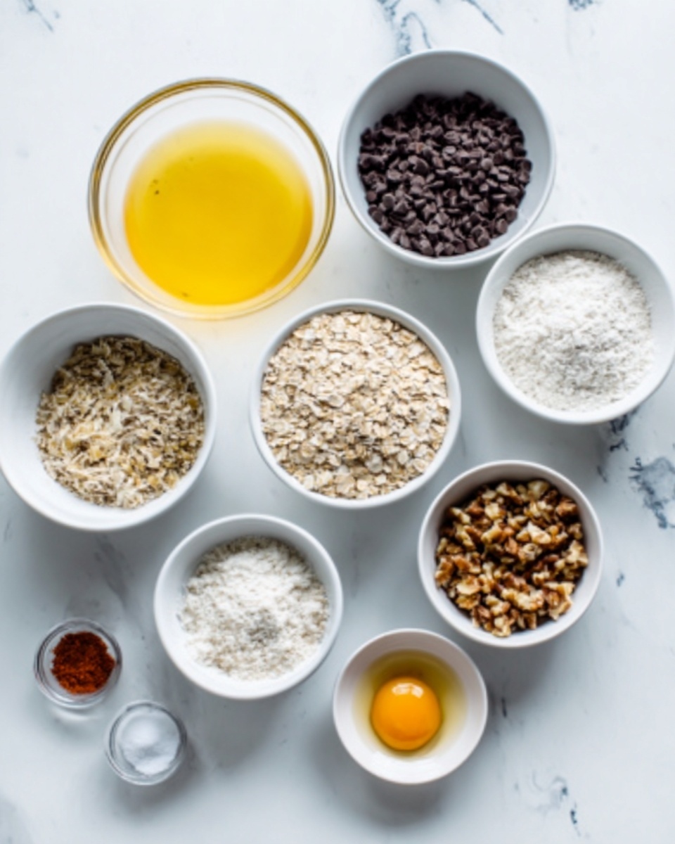 The image shows a top view of various ingredients arranged on a white marbled surface. There are eight bowls of different sizes: one large clear bowl with a yellow liquid, a medium white bowl with dark chocolate chips, a small white bowl with light brown oats, a medium white bowl filled with white flour, a small white bowl with white sugar, a white bowl with chopped nuts, a small white bowl with brown sugar, and a very small clear bowl with an egg yolk. There is also a very tiny container with a small amount of red spice and a small clear container with salt. All items are spread neatly in a loose circle. Photo taken with an iphone --ar 4:5 --v 7