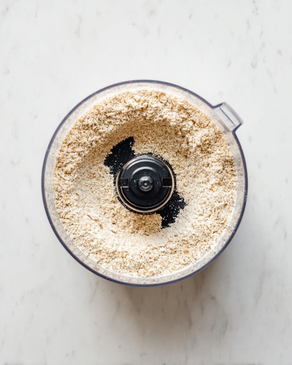 A clear food processor bowl filled with light beige, fine textured ground oats resting on a white marbled surface. The black center blade is visible in the middle of the oats, dividing the light powder evenly around it. There are no other items or colors in the scene, focusing solely on the oat flour inside the transparent bowl. photo taken with an iphone --ar 4:5 --v 7