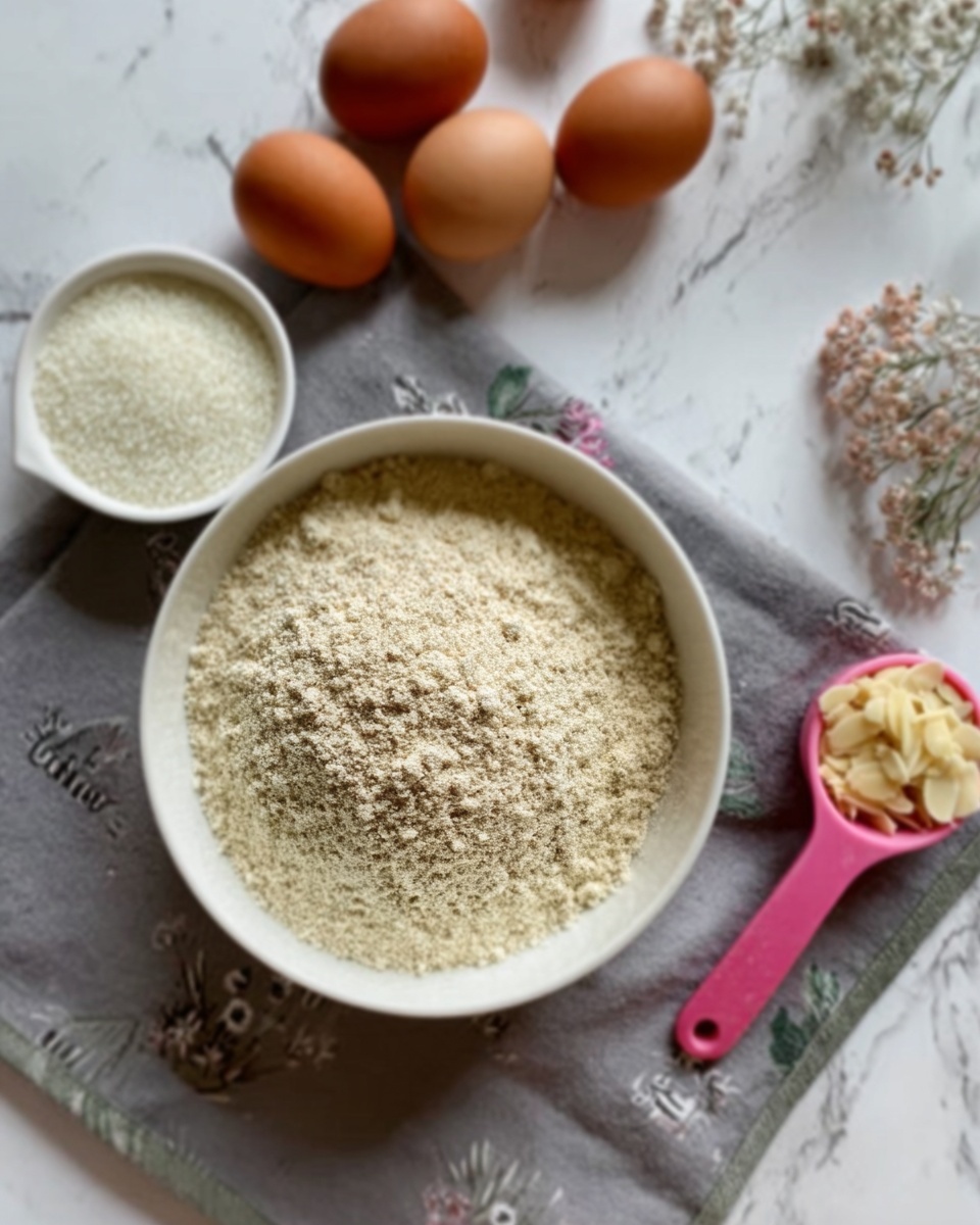 The image shows a white bowl filled with a fine, light beige powdery ingredient, placed on a gray cloth with faint plants and text on it. Surrounding the bowl are four brown eggs arranged in a small cluster at the top, a small white cup filled with white granules, and a small pink scoop filled with pale yellow flakes, likely nuts or sliced almonds, placed on the gray cloth. The whole setting is on a white marbled surface. photo taken with an iphone --ar 4:5 --v 7