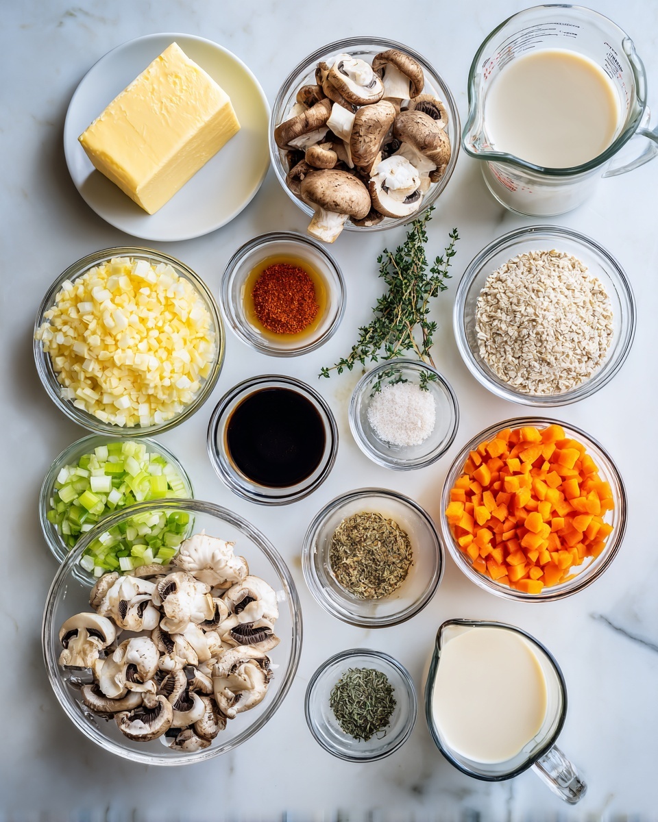 Top-down professional food photography flat lay style, bright white marble countertop, neatly arranged, evenly spaced, tidy, clean organized layout, include: small plate of butter, bowl of sliced cremini mushrooms, small glass cup of Worcestershire sauce, bowl of diced yellow onion, bowl of chopped celery, bowl of chopped carrot, small bowl of minced garlic, small bowl of fresh thyme leaves, small bowl of rubbed sage, small bowl of smoked paprika, small bowl of fine ground sea salt, small bowl of freshly ground black pepper, bowl of all-purpose flour, glass measuring cup of uncooked wild rice blend, large glass measuring cup of low sodium chicken broth, glass measuring cup of half and half or whole milk, bright soft natural lighting, sharp focus, high detail textures, realistic reflections, professional DSLR look, 4K, no finished dish, no cooked food, no hands, no text, no watermark, no brand logos --ar 4:5 --v 7