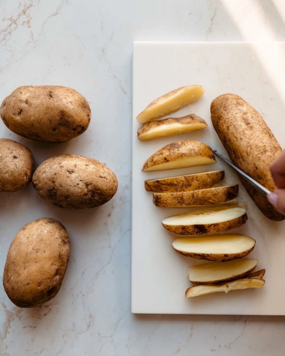 The image shows two scenes on a white marbled surface. On the left, there are four brown potatoes with rough skin lying close to each other. On the right, a white cutting board holds one large brown potato being sliced lengthwise with a knife held by a woman's hand, with a few long potato slices placed around it. The colors are earthy and natural, with the brown potatoes contrasting against the clean white board and marbled background. Photo taken with an iphone --ar 4:5 --v 7
