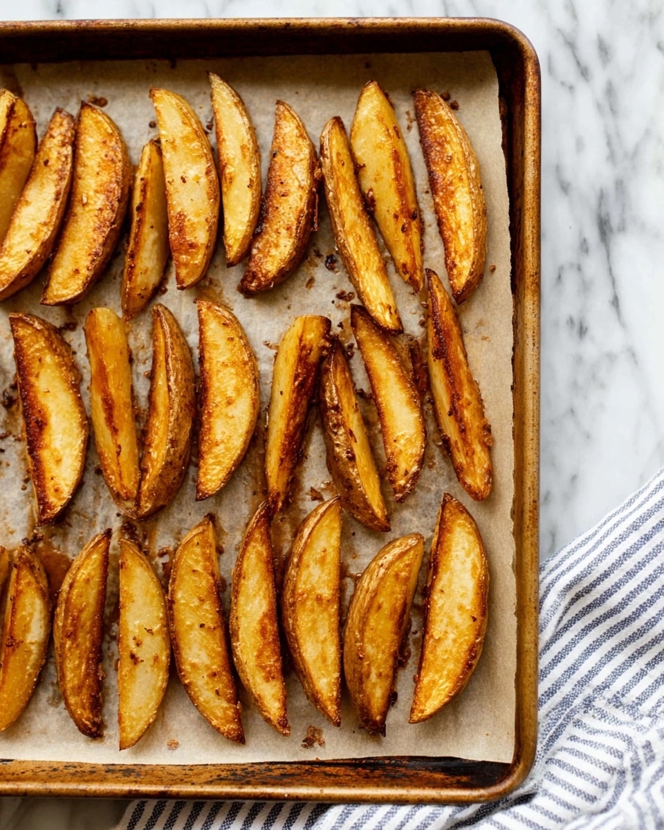 The image shows a baking tray with a single layer of golden brown potato wedges arranged neatly on parchment paper, placed on a white marbled surface. The potato wedges are toasted, with a crispy texture and browned edges, evenly spaced, covering most of the tray from top to bottom. The tray has a slightly worn look, and a striped white and blue cloth is partially visible at the bottom right corner. Photo taken with an iphone --ar 4:5 --v 7