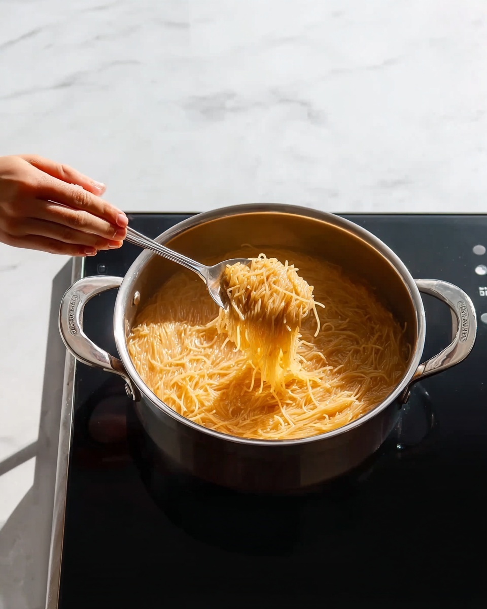 A silver pot filled with golden-brown thin noodles cooking in clear liquid sits on a black stove top. A woman's hand holds a silver spoon lifting some noodles from the pot, showing a close-up of the pasta texture. The pot has two side handles and rests on a white marbled surface. The scene is bright with natural light highlighting the noodles and metal pot photo taken with an iphone --ar 4:5 --v 7