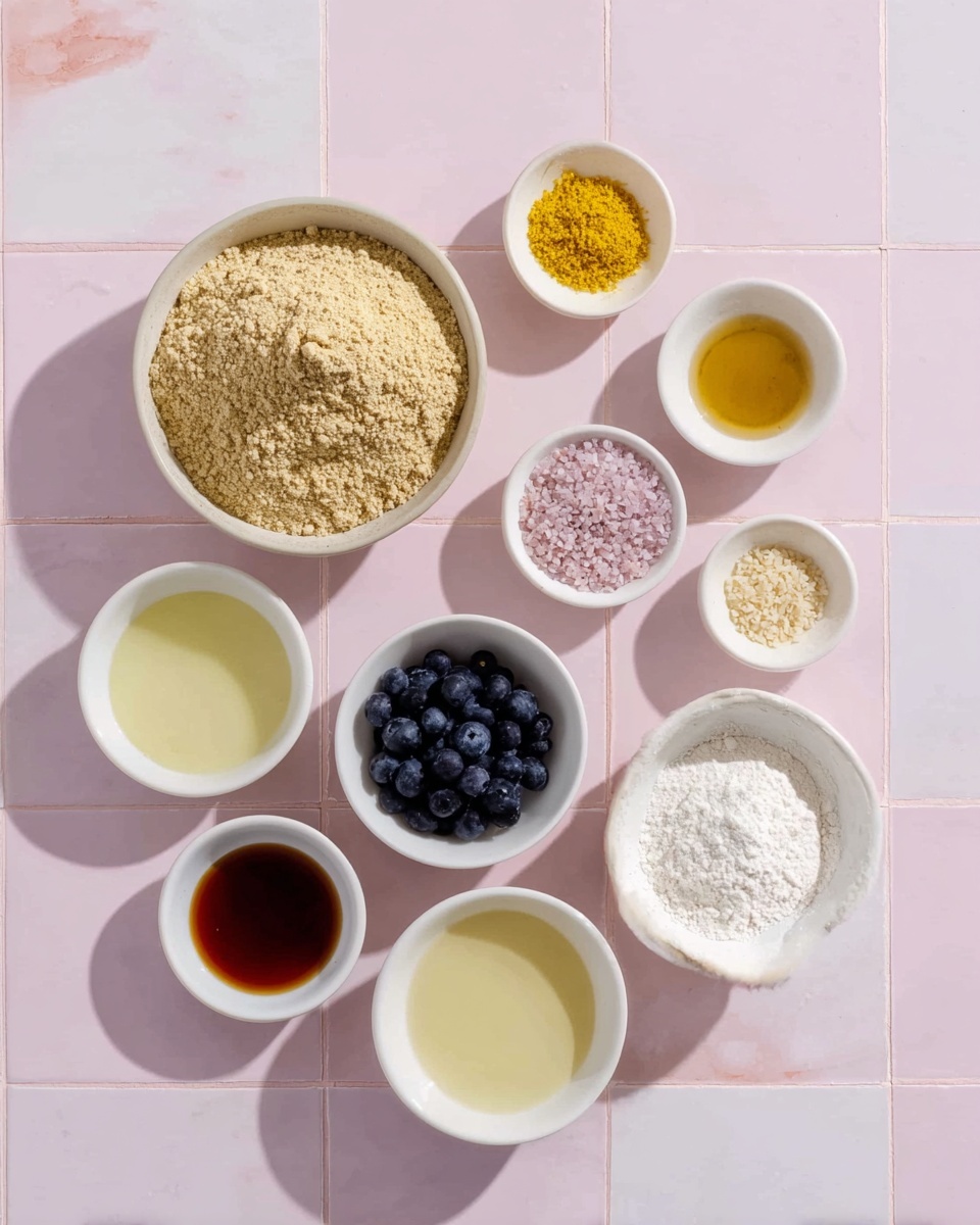 The image shows nine white bowls arranged on a soft pink tiled surface with a white marbled texture. The largest bowl near the top center contains a coarse beige powder. Below it and to the right are smaller bowls with yellow zest, small white powder, and tiny pink granules side by side. Below them and slightly to the left, there are bowls with a clear pale yellow liquid, a light tan creamy mixture, and a cluster of dark blue berries. Near the bottom, there is a bowl with a dark reddish-brown liquid on the left and a large bowl with white powder on the right. A small bowl with a light yellow liquid is placed to the right of the white powder bowl. The image is brightly lit with soft shadows. photo taken with an iphone --ar 4:5 --v 7