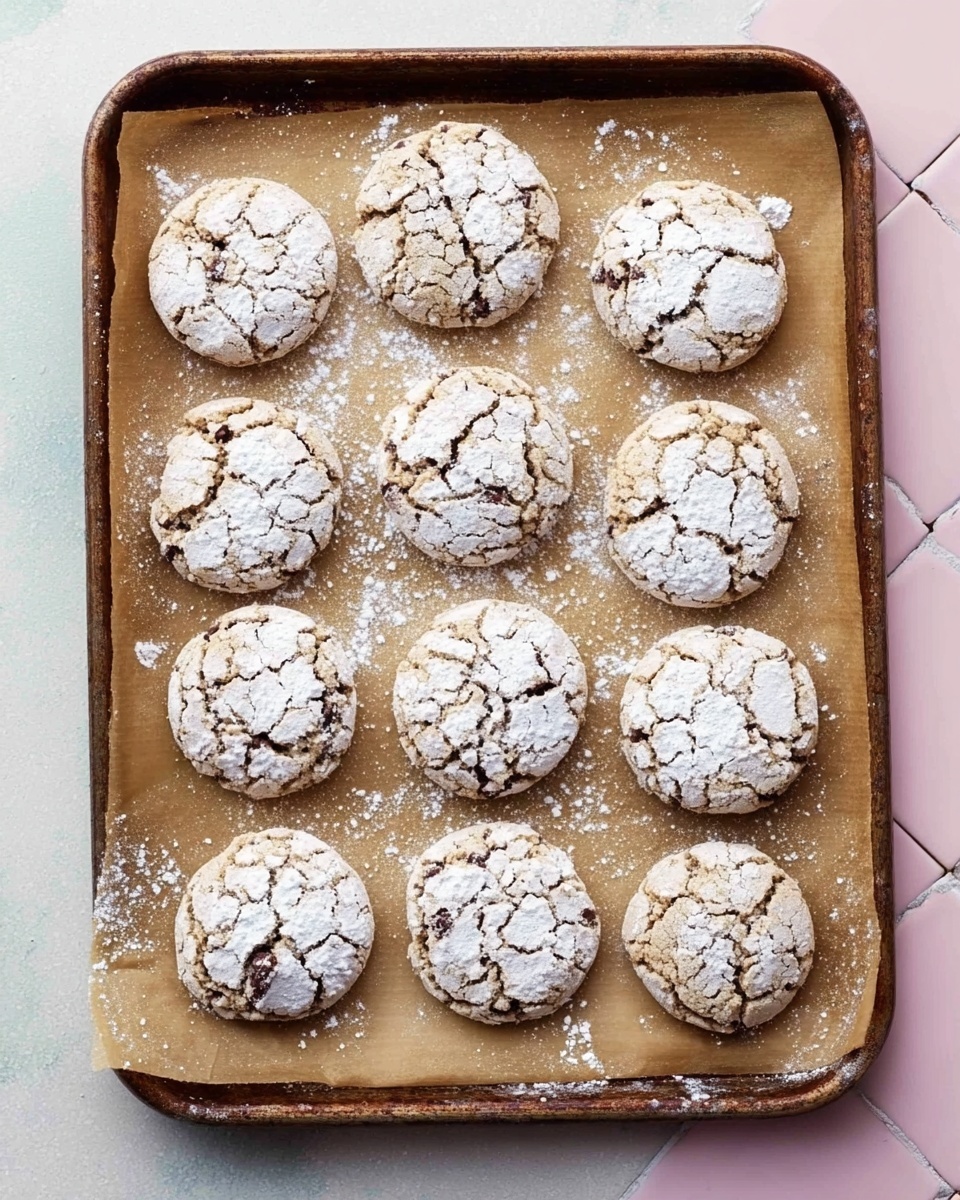 A baking tray holds eleven round cookies with a cracked surface, dusted with white powdered sugar, which highlights the cracks and uneven texture on top. The cookies are light brown with some darker spots, suggesting chocolate chips inside. The tray has a brown baking paper lining and is resting on a white marbled surface with a pink tiled background visible on the right side. The edges of the tray show signs of use with darkened and uneven texture photo taken with an iphone --ar 4:5 --v 7