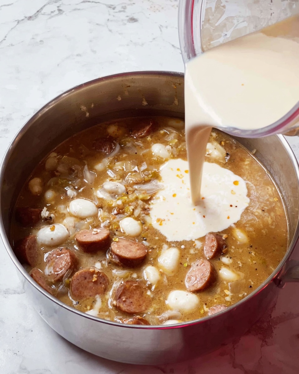 A shiny silver pot sits on a white marbled surface, filled with a light brown stew that contains several round slices of sausage and small white gnocchi pieces scattered evenly throughout. A woman's hand is pouring a stream of thick, pale cream into the stew, creating a creamy layer spreading across the surface. Visible onions and small bits of seasoning float in the rich broth, adding texture and color contrast. photo taken with an iphone --ar 4:5 --v 7