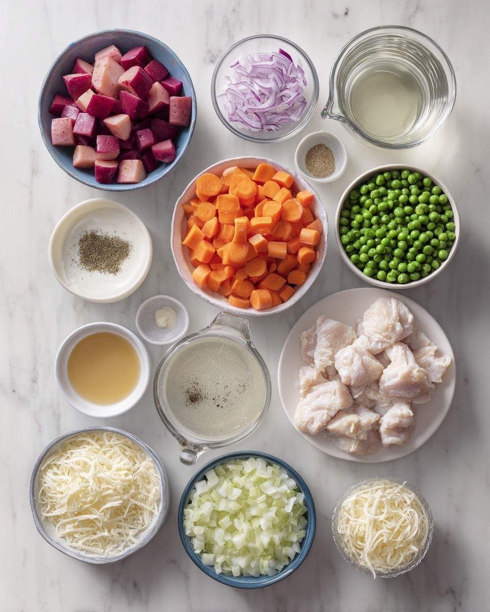 Top-down professional food photography, flat lay style, bright white marble countertop, neatly arranged, evenly spaced, tidy, clean organized layout, include: bowl of red potato pieces, bowl of peeled and thinly sliced carrots, small bowl of chopped celery, small bowl of finely chopped onion, small bowl of minced garlic, small bowl of salt, small bowl of dried parsley, small bowl of Italian seasoning, small bowl of black pepper, glass measuring cup of low sodium broth, small glass cup of cornstarch, small glass cup of heavy cream, plate of prepared chicken pieces, bowl of frozen peas, small bowl of shredded Parmesan cheese, bright soft natural lighting, sharp focus, high detail textures, realistic reflections, professional DSLR look, 4K, no finished dish, no cooked food, no hands, no text, no watermark, no brand logos --ar 4:5 --v 7