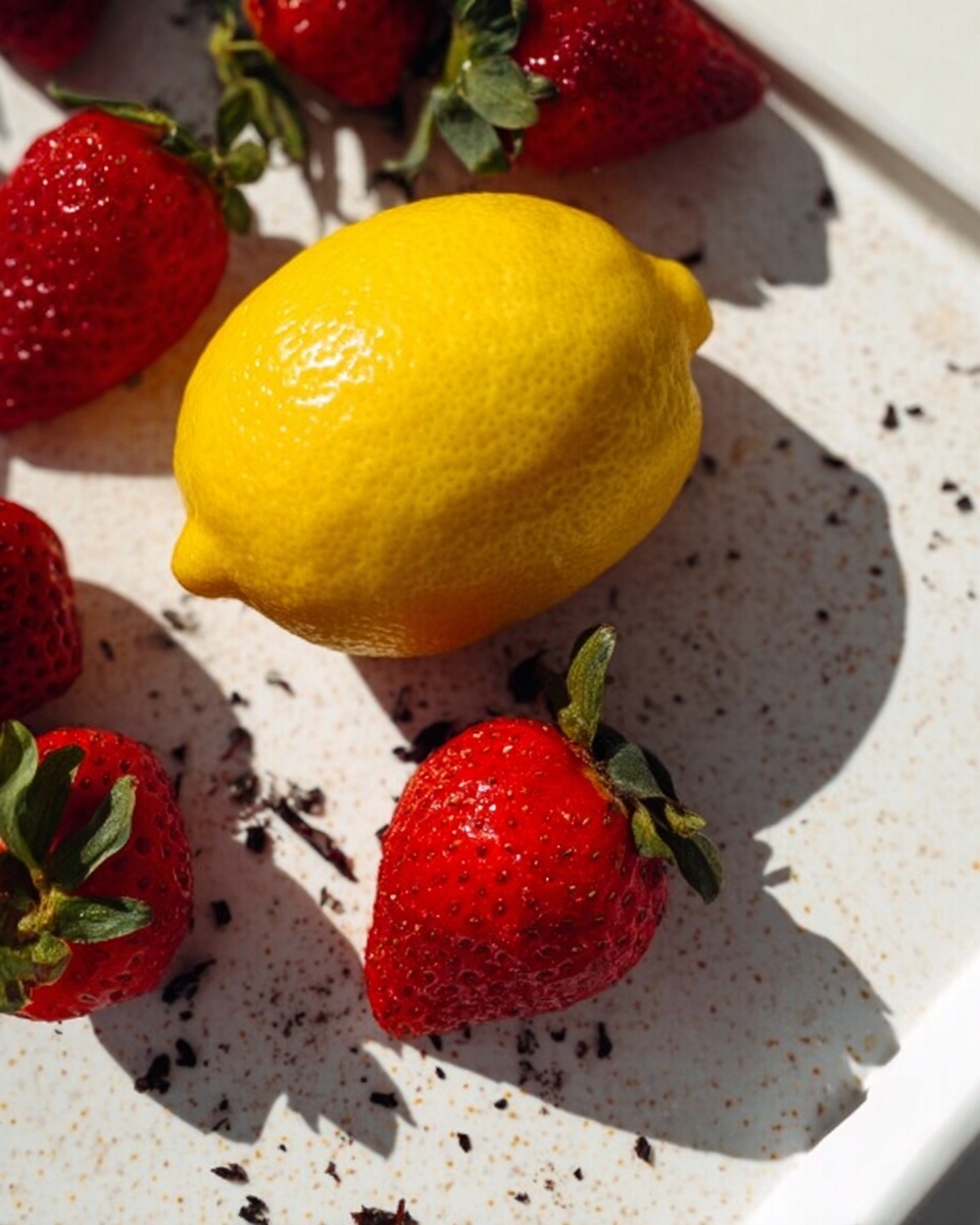 The image shows a single whole bright yellow lemon placed near several fresh red strawberries with green leafy tops. They are arranged on a white marbled surface with some dark small pieces scattered around. The lemon has a smooth shiny skin and the strawberries have a textured surface with tiny seeds, and green leaves at the top. The sunlight creates soft shadows under the fruit, giving a fresh and natural look. photo taken with an iphone --ar 4:5 --v 7