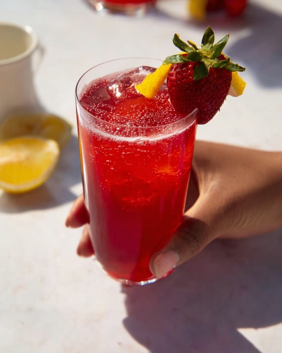 A close-up of a tall clear glass filled with a bright red drink, covered with small bubbles on the outside surface. The drink has ice cubes inside and is garnished at the rim with a fresh red strawberry with green leaves and a small twist of yellow lemon peel. A woman's hand is holding the glass from the bottom right, casting a soft shadow on a white marbled surface in the background. In the background, there is a blurred white cup and a small yellow lemon wedge on the white marbled table. Photo taken with an iphone --ar 4:5 --v 7