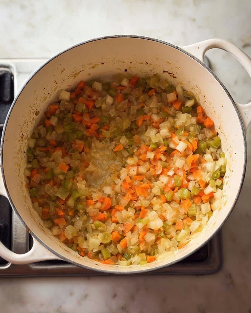 A white pot filled with finely chopped vegetables cooking on a stove, showing three layers of diced ingredients: the bottom layer has soft caramelized onions with a slightly translucent texture; the middle layer includes small orange carrot pieces giving a bright contrast; the top layer consists of light green celery bits adding a fresh look. The inside of the pot has a slight browned ring from cooking, and the overall colors show a warm mix of orange, green, and light brown over the white enamel. The pot’s two handles are white, and the setting is against a white marbled textured surface. Photo taken with an iphone --ar 4:5 --v 7