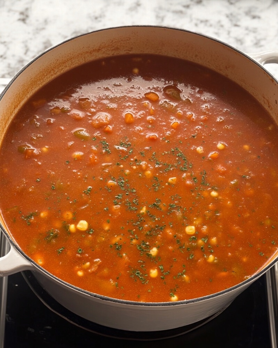 A large white pot filled with a thick orange-red soup that has a smooth texture mixed with small chunks of vegetables like carrots and corn scattered evenly throughout. The soup surface is lightly sprinkled with small green herb bits, giving it a fresh and slightly textured look. The pot sits on a stovetop with a faint reflection of light on the edge, and the background shows a white marbled surface. photo taken with an iphone --ar 4:5 --v 7