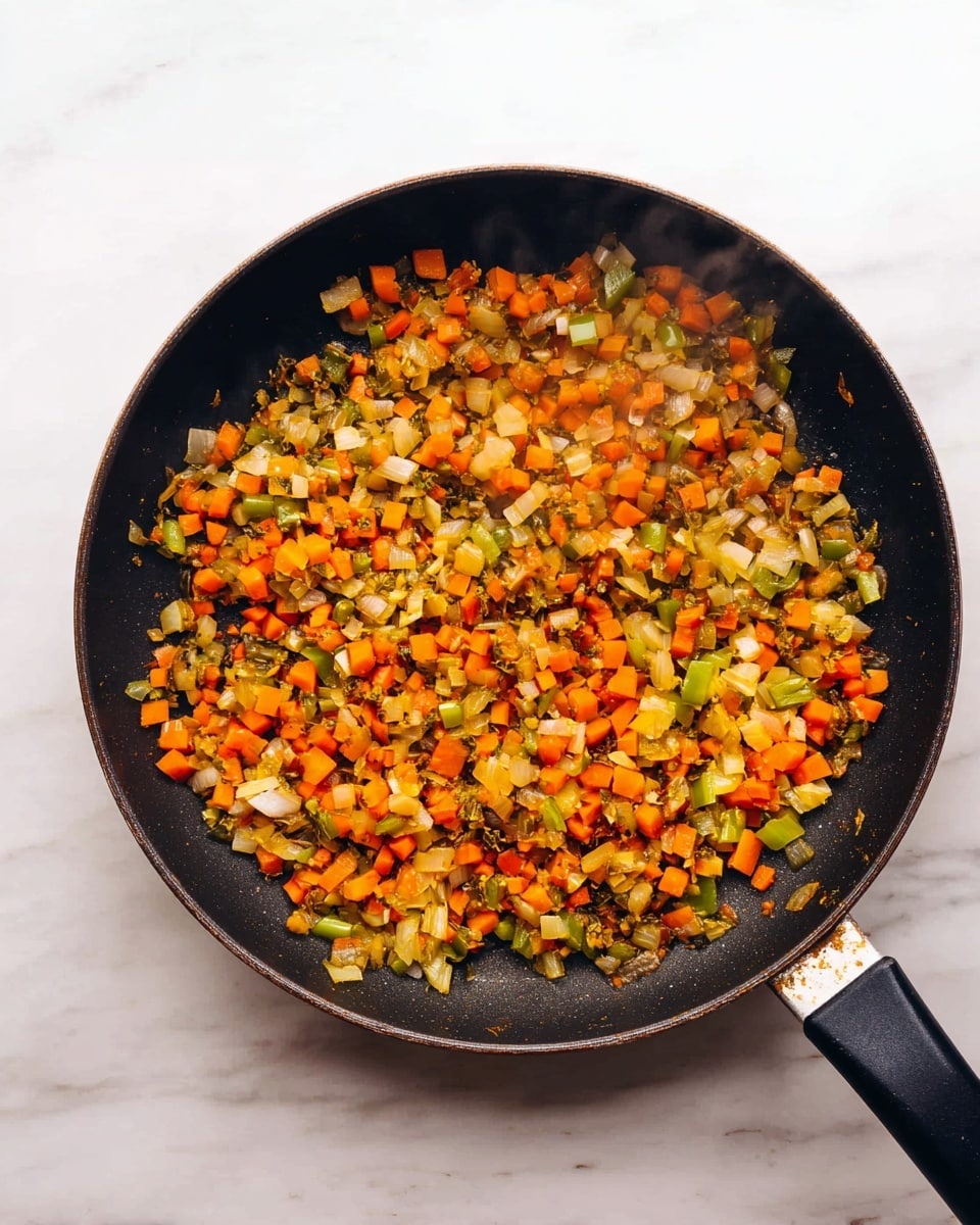 A black frying pan filled with finely chopped cooked vegetables, including orange carrots, light brown onions, and green bell peppers. The mixed vegetables cover the pan evenly, and some steam rises slightly, showing they are hot. The pan rests on a white marbled surface and has a black handle pointing to the right. The overall look is colorful with the small cubes of vegetables blending together in a warm, cooked texture. photo taken with an iphone --ar 4:5 --v 7