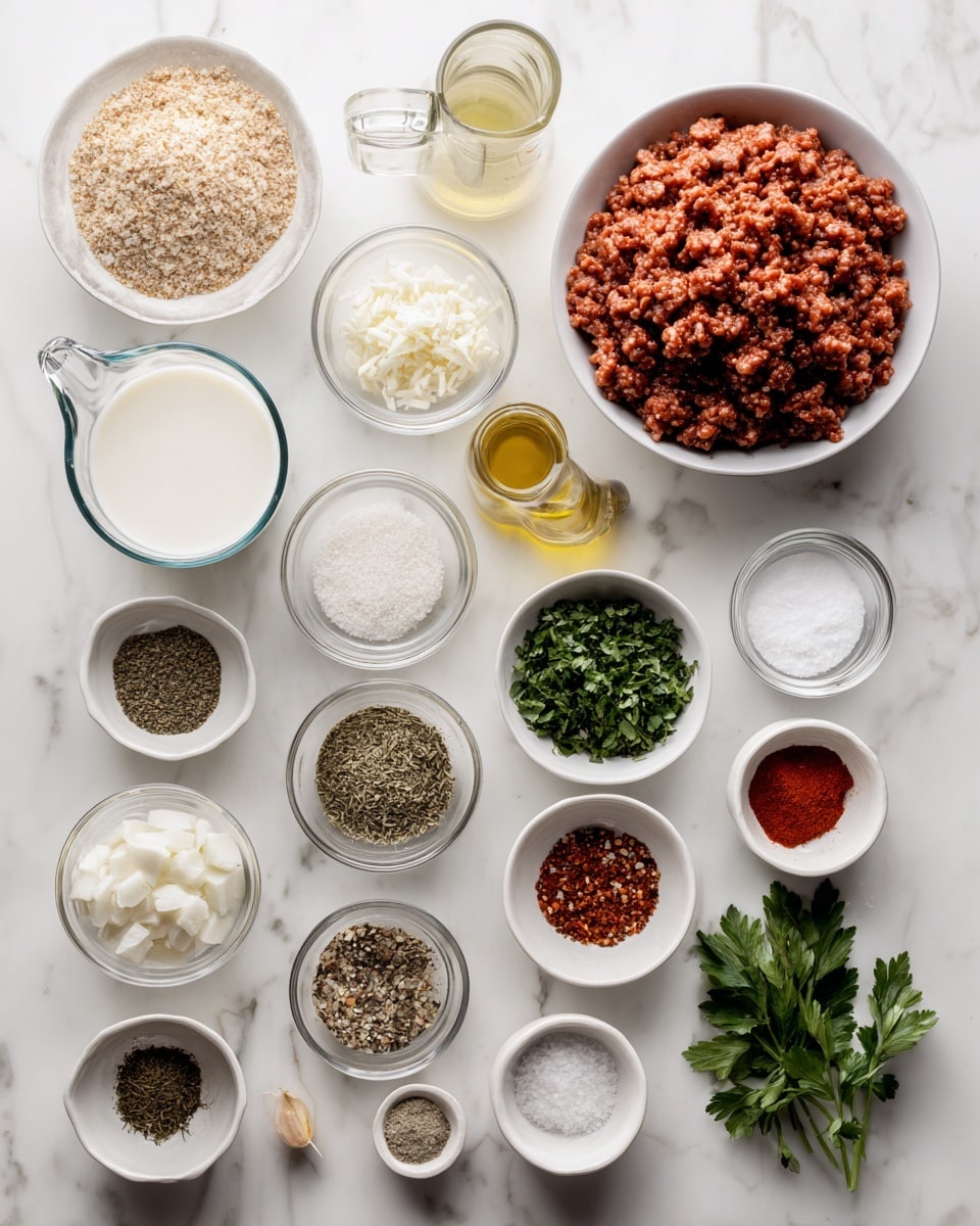 Top-down professional food photography, flat lay style, bright white marble countertop, neatly arranged, evenly spaced, tidy, clean organized layout, include: small bowl of breadcrumbs, glass measuring cup of dairy-free milk, small bowl of finely minced onions, small bowl of minced garlic, small glass cup of vegetable broth, large bowl of plant-based ground meat substitute, small bowl with flax seeds mixed with water, small bowl of vegan parmesan substitute, small bowl of dried oregano, small bowl of dried basil, small bowl of garlic powder, small bowl of sea salt, small bowl of black pepper, small bowl of chopped fresh parsley, small glass cup of olive oil, small bowl of crushed red pepper flakes, small bowl of ground nutmeg, small bowl of slightly crushed fennel seeds, bright soft natural lighting, sharp focus, high detail textures, realistic reflections, professional DSLR look, 4K, no finished dish, no cooked food, no hands, no text, no watermark, no brand logos --ar 4:5 --v 7