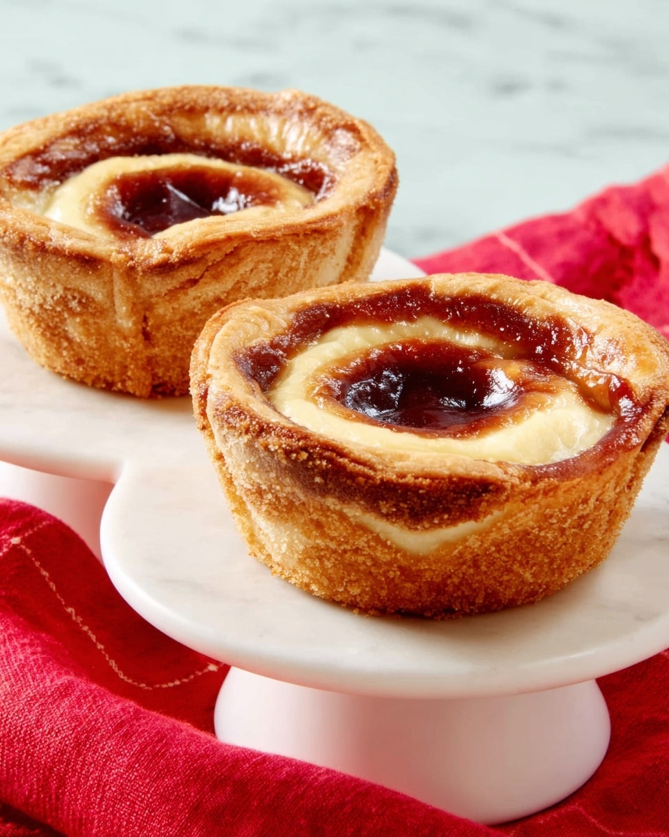 Two small round pies sit on white pedestal plates over a white marbled surface with a red cloth nearby. Each pie has a thick golden brown crust forming an outer layer with a slightly rough texture. The top layer of each pie shows a small amount of smooth, shiny dark brown filling visible through a circular opening in the crust. The inside edge of the crust near the opening is lined with a thin cream-colored layer. The lighting highlights the crispy texture of the crust and the glossy look of the filling, giving a warm and inviting feel. photo taken with an iphone --ar 4:5 --v 7