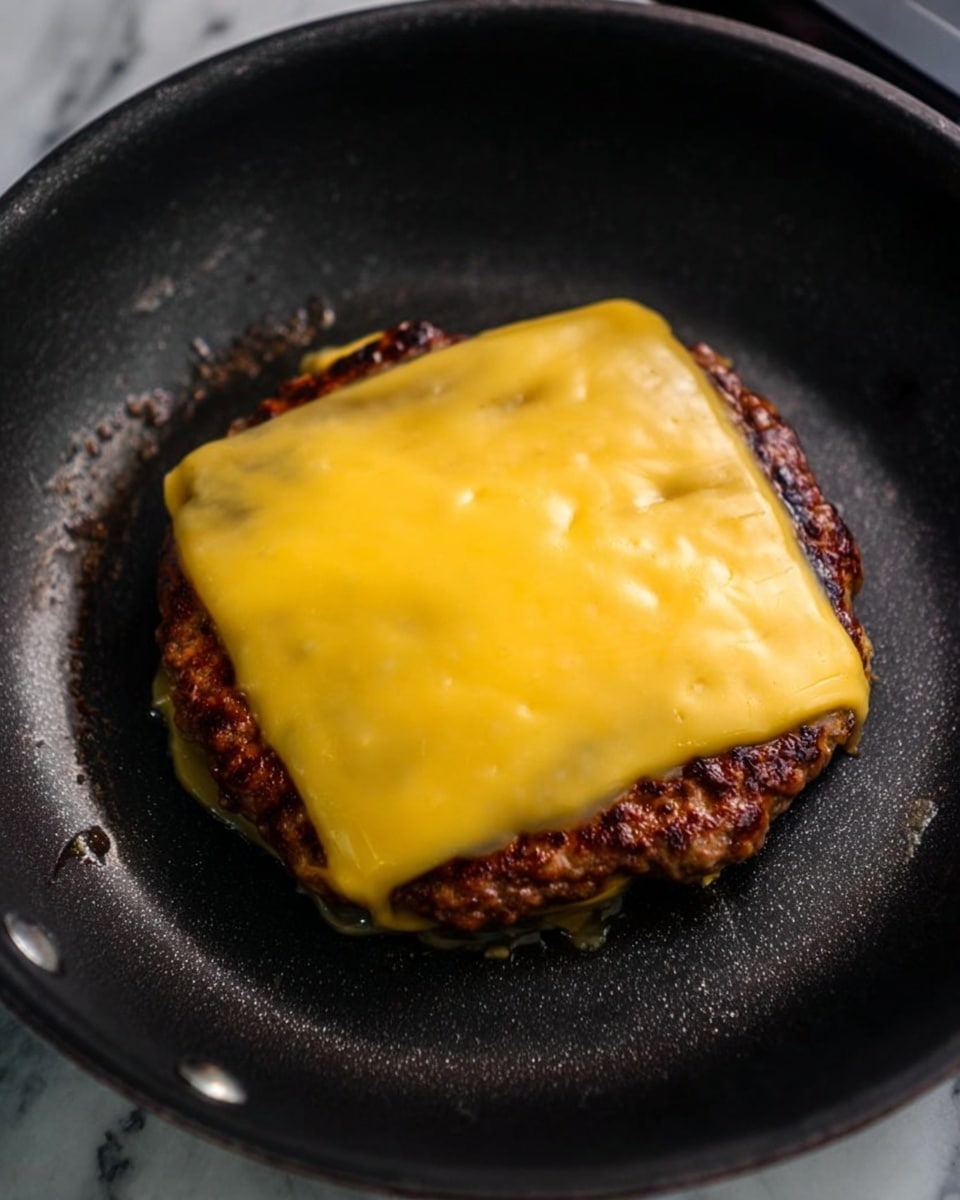 A round cooked hamburger patty sits in a black pan, topped with two slices of melted yellow cheese. The cheese covers most of the patty, with the edges slightly melting over the sides. The surface of the patty is browned and slightly textured, showing a crispy outer layer. The pan has a dark, matte finish with some cooking marks near the patty. The background shows a faint glimpse of a white marbled texture beneath the pan edges. photo taken with an iphone --ar 4:5 --v 7