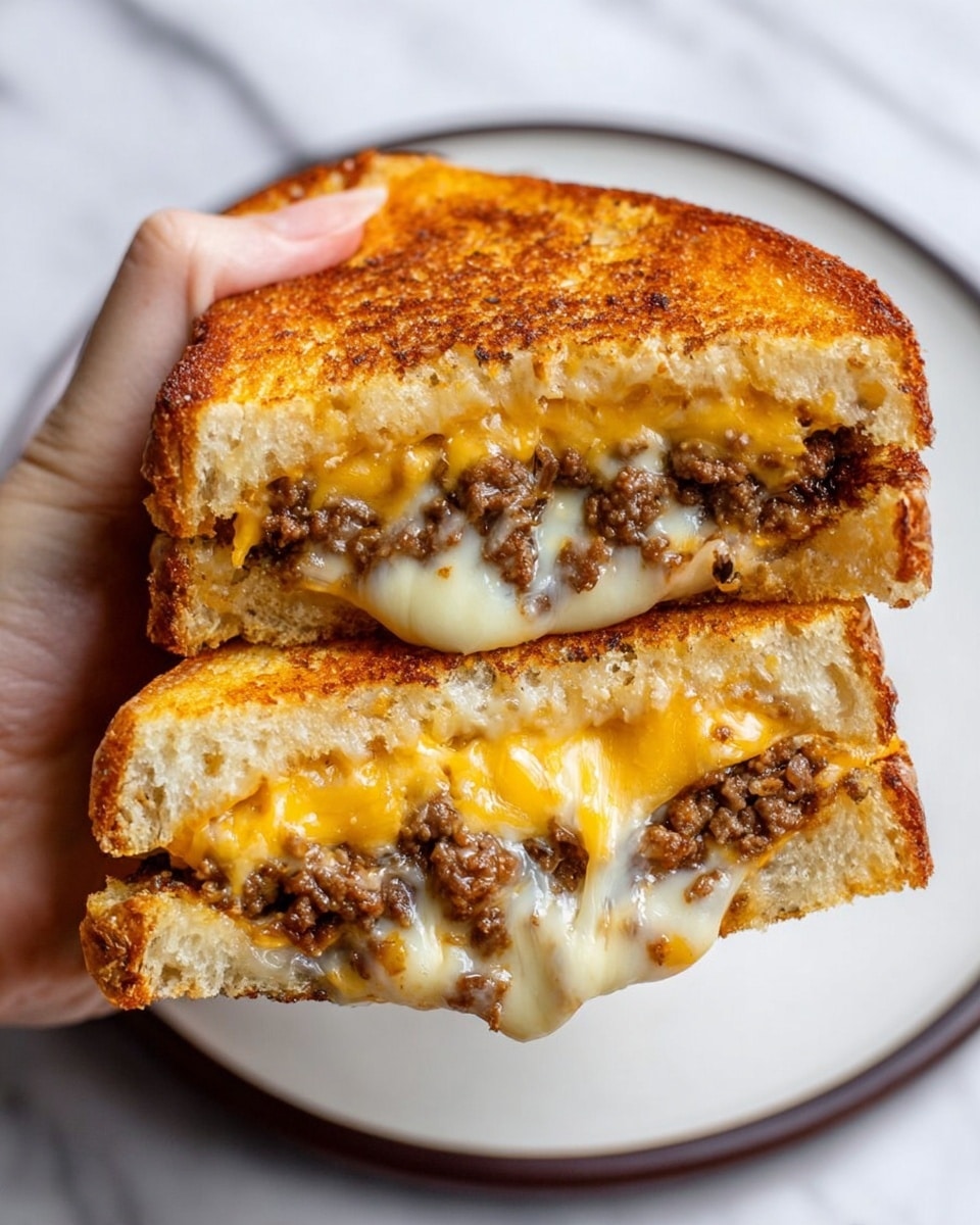 A woman's hand holds a sandwich cut in half vertically, showing layers from bottom to top: toasted white bread with a golden brown, crunchy texture; melted yellow cheddar cheese with creamy, smooth texture; cooked ground beef with a slightly crumbly, dark brown surface mixed with melted white mozzarella cheese that oozes softly and clings to the meat. The sandwich appears fresh and warm with cheese stretching slightly between the two halves. It is held over a white plate with a dark rim, resting on a white marbled surface. photo taken with an iphone --ar 4:5 --v 7