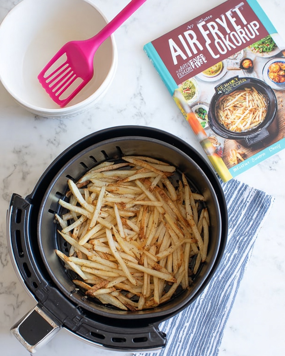 The image shows the inside of an air fryer basket filled with thin, uncooked potato strips seasoned lightly, with some of the potato skin still on, arranged loosely in one layer. The air fryer basket is black and round, placed on a white marbled surface with a blue and white striped cloth underneath it. Nearby, there is a white bowl with a pink spatula resting inside it, and a cookbook titled