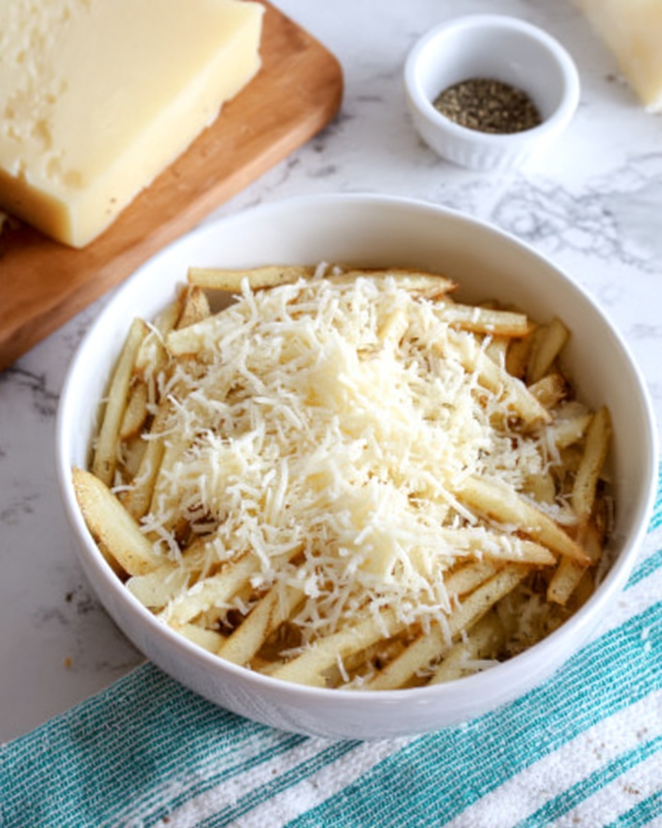 The image shows a white bowl filled with thin, light brown potato sticks layered with white grated cheese on top, creating a textured mix. The bowl is placed on a white marbled surface with a turquoise and white striped cloth underneath. In the background, there is a piece of pale yellow cheese on a wooden board and a small white spice container with black pepper. The overall look is simple and fresh, with natural light highlighting the textures. photo taken with an iphone --ar 4:5 --v 7