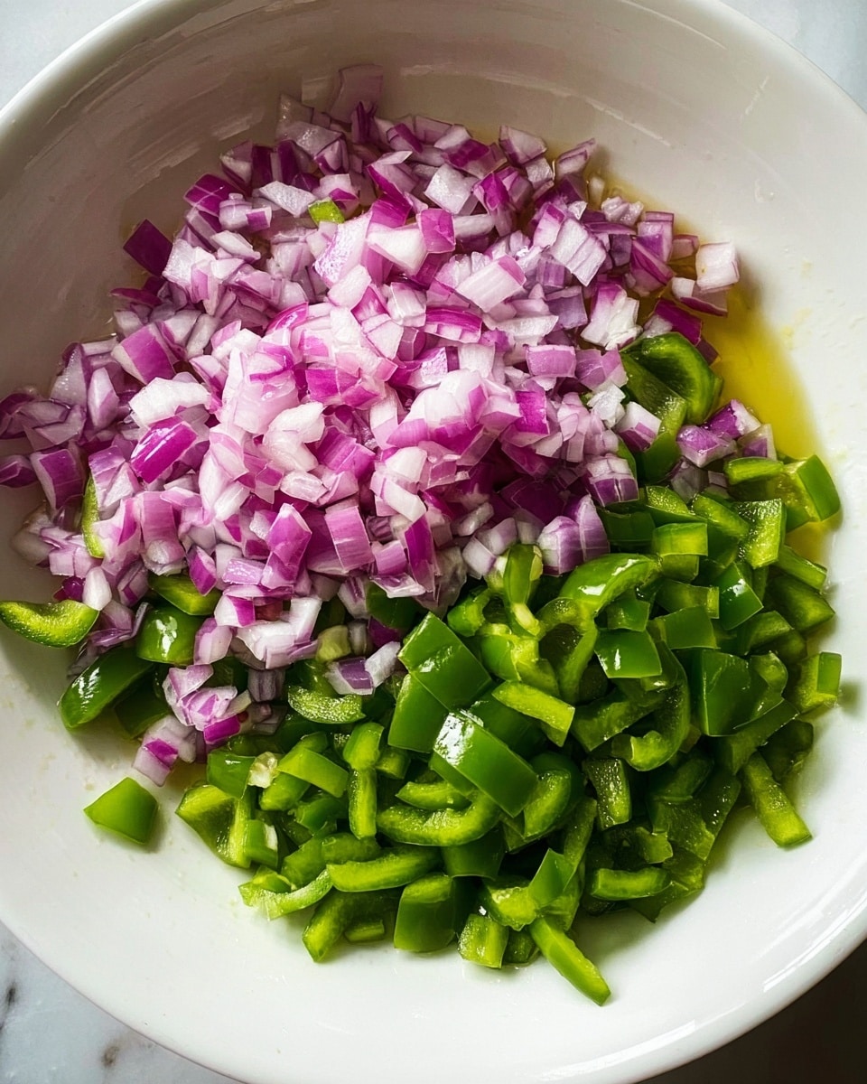 A white bowl holds two layers of chopped vegetables on a white marbled surface. The bottom layer consists of small, bright green bell pepper pieces spread evenly across the bowl’s base. On top, there is a pile of finely chopped red onions with purple and white colors, slightly covering parts of the green peppers. A small amount of liquid, possibly oil or juice, is visible around the vegetables, adding a slight shine to the scene. The lighting highlights the fresh and crisp textures of the vegetables. photo taken with an iphone --ar 4:5 --v 7