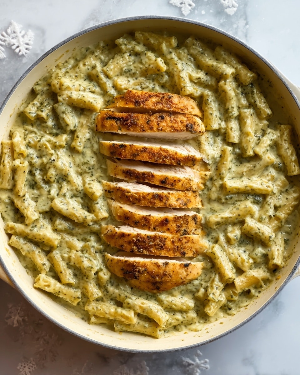 The image shows a white shallow pan filled with creamy pasta and a single cooked, sliced piece of chicken placed in the center. The pasta is short tube-shaped and covered in a thick light green sauce with visible herbs, giving it a textured look. The chicken slices are arranged neatly side by side, showing a golden-brown cooked exterior with a smooth surface. The pan sits on a white marbled surface. photo taken with an iphone --ar 4:5 --v 7