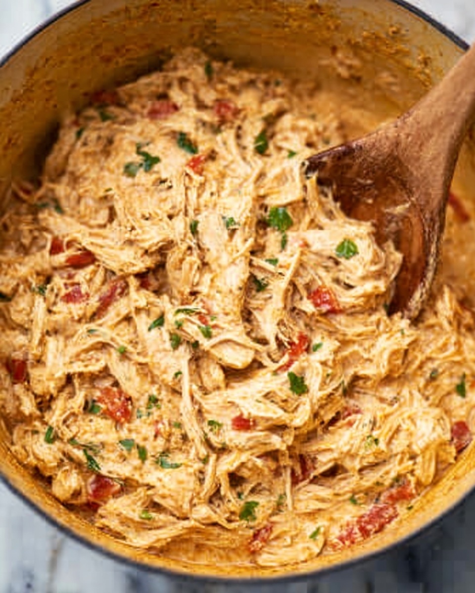A close-up of a pot filled with shredded chicken mixed with a creamy orange sauce, dotted with small pieces of red and green peppers, giving the dish a colorful touch. The mixture looks soft and thick, and a wooden spoon with a woman’s hand holding it is stirring the chicken. The background shows a white marbled texture. photo taken with an iphone --ar 4:5 --v 7