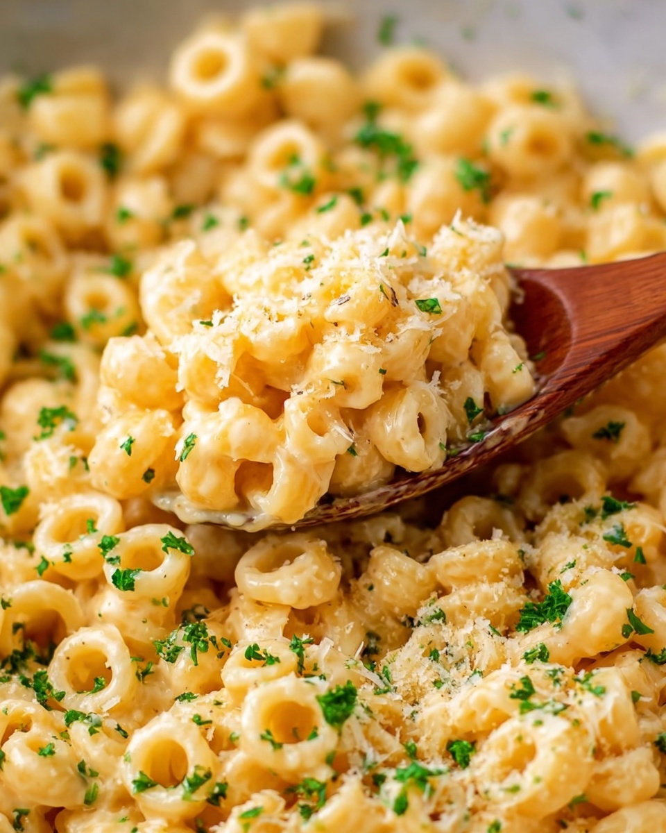 The image shows a close-up of small ring-shaped pasta covered in a creamy pale yellow cheese sauce, with a wooden spoon lifting a portion from the dish. The pasta is sprinkled with small green parsley pieces for color, and you can also see some light-colored grated cheese on top. The pasta's texture looks soft and smooth, and the parsley adds a fresh, leafy texture brightening the dish. The background surface is a white marbled texture. photo taken with an iphone --ar 4:5 --v 7