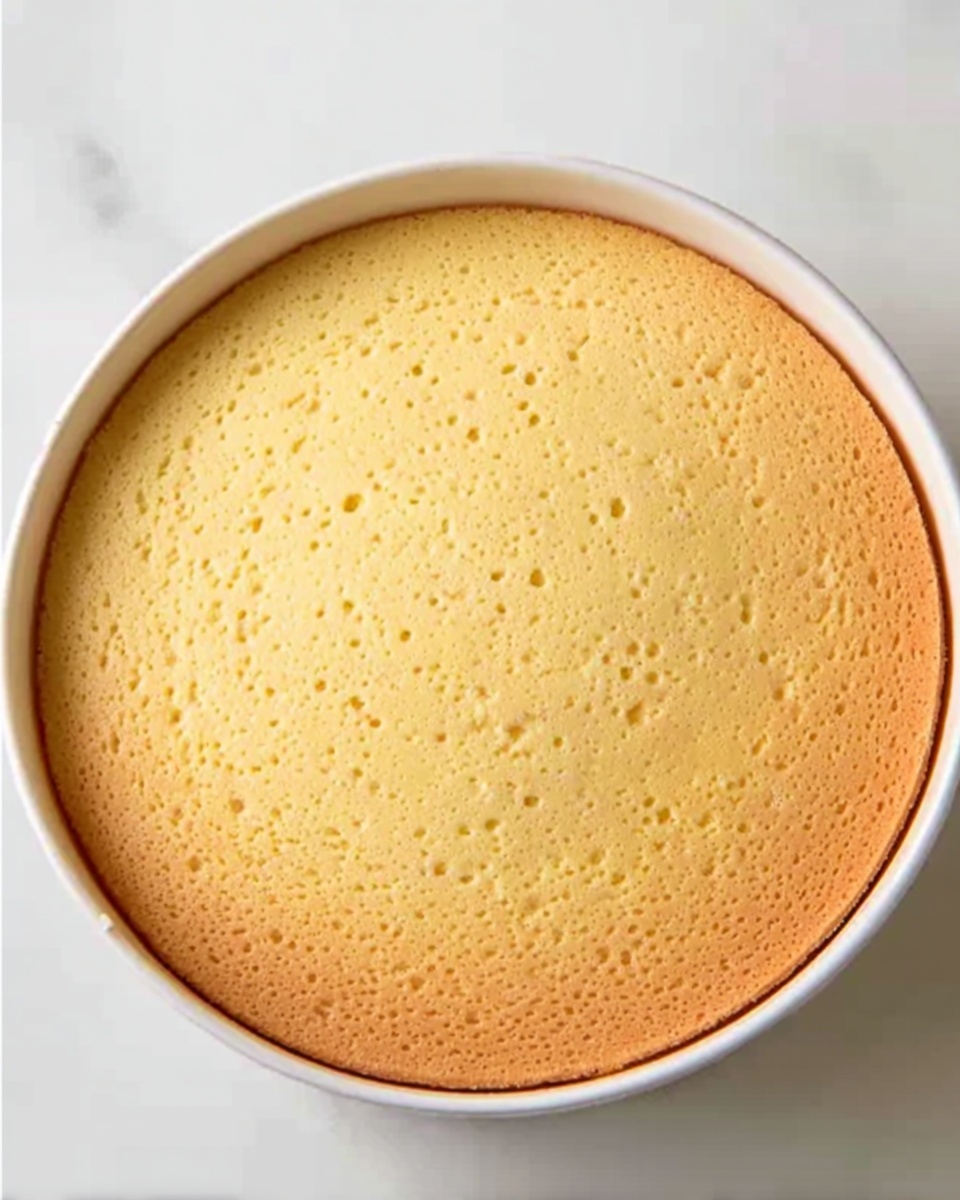 A round, light golden cake sits smoothly inside a white bowl, showing an even, slightly textured top layer that looks soft and fluffy. The surface has small, delicate holes scattered evenly, adding a bit of texture to the pale-yellow sponge. The bowl is placed on a white marbled surface, creating a clean, bright background. photo taken with an iphone --ar 4:5 --v 7