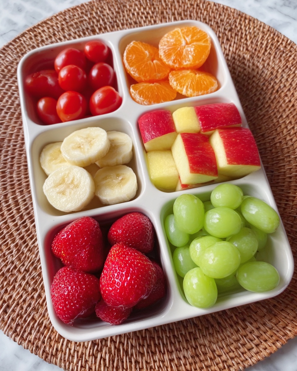 A white square plate with six small square sections, each holding a different fruit. The top left section has small red cherry tomatoes; top right has bright orange peeled mandarin slices; middle left contains pale yellow banana slices; middle right shows small red apples; bottom left holds large red strawberries with green tops; bottom right is filled with green grapes. The plate sits on a light brown woven mat, placed on a white marbled surface. photo taken with an iphone --ar 4:5 --v 7