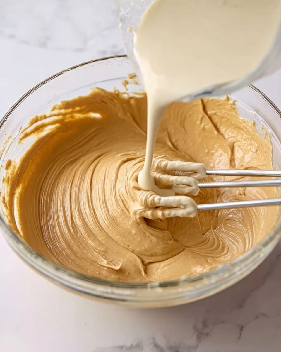 A glass bowl sits on a white marbled surface filled with thick, smooth, light brown batter that has clear textured waves from mixing. On the right side of the batter, a stream of creamy, pale beige liquid is pouring from a clear measuring cup into the bowl, blending softly with the batter. Two metal beaters are partially submerged in the batter at the front center, showing streaks of the thick mixture on their blades. The scene captures a close-up view from above, highlighting the textures and color contrast between the batter and liquid. photo taken with an iphone --ar 4:5 --v 7