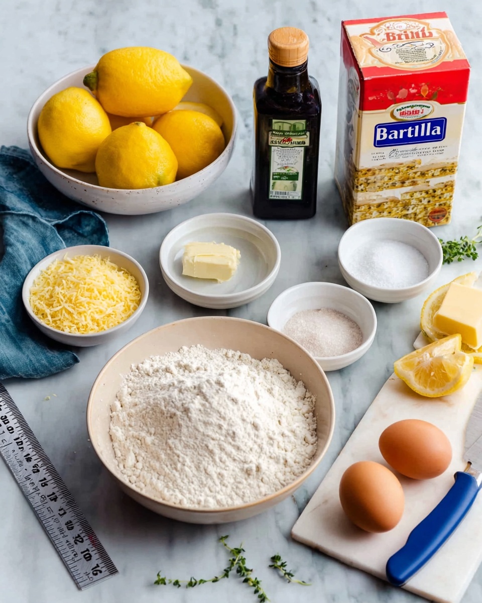 The image shows a top view of various baking ingredients neatly arranged on a white marbled surface. In the lower part of the image is a white bowl filled with white flour, next to it on the left is a ruler, and above it is a small white bowl with lemon zest. Three bright yellow lemons sit inside a white bowl on the upper left side. To the right of the lemons is a bottle of vanilla extract. Surrounding the vanilla are several small white bowls containing sugar, salt, baking powder, and three brown eggs. On the far right, a lemon half rests on a small white cutting board with a blue knife beside it. A woman's hand holds the knife as if about to slice the lemon. Photo taken with an iphone --ar 4:5 --v 7