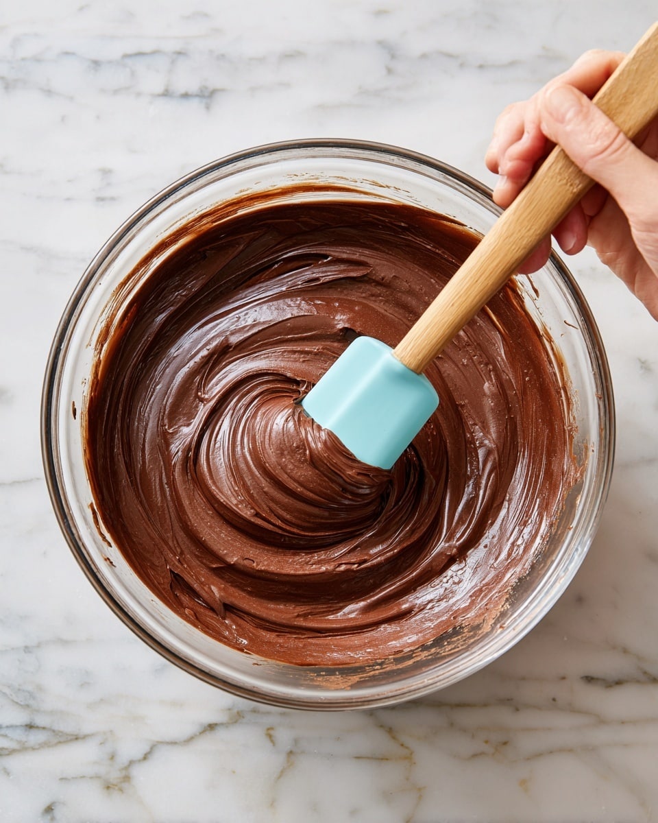 A clear glass bowl filled with smooth, thick dark brown chocolate mixture being stirred by a woman's hand holding a spatula with a light blue silicone head and a wooden handle, the chocolate has a shiny texture and is spread evenly inside the bowl which sits on a stove top with white marbled texture around it, the image shows the top view focusing on the creamy chocolate mixture photo taken with an iphone --ar 4:5 --v 7