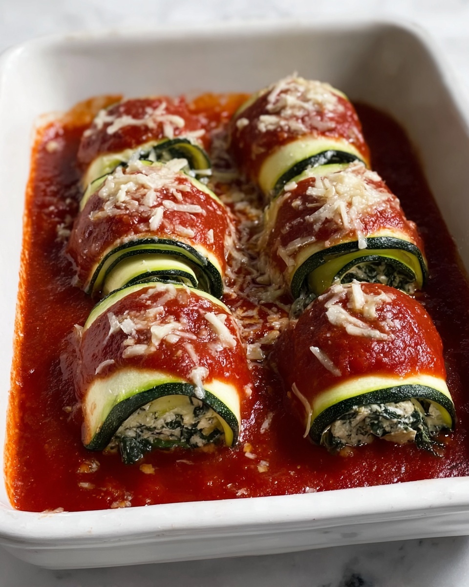 The dish is a white rectangular baking dish filled with six rolled zucchini pieces placed in two rows of three. Each roll shows layers of light green zucchini skin on the outside, wrapped around a creamy white and dark green spinach filling. The rolls are topped with a thick red tomato sauce that covers the top and pools a little at the base. Small bits of white shredded cheese are scattered across the sauce on each roll. The dish is placed on a white marbled surface. photo taken with an iphone --ar 4:5 --v 7