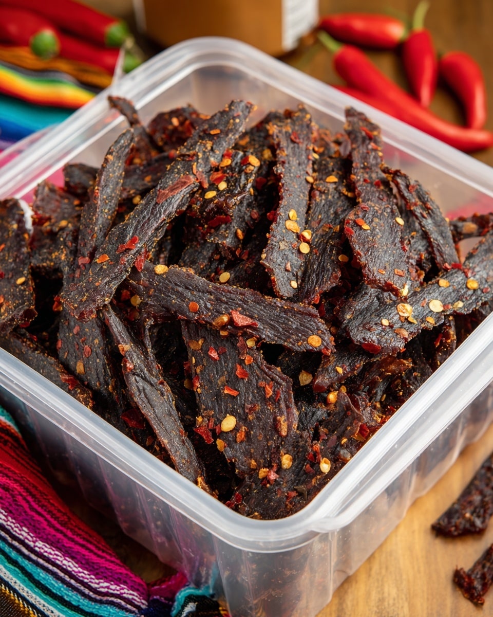 The image shows a clear plastic container filled with many dark, thin strips of jerky, each sprinkled with red chili flakes that add small splashes of orange and yellow to the dark surface. The jerky pieces are layered loosely, showing a tough and slightly wrinkled texture. The container sits on a wooden surface with a colorful striped cloth and some red chili peppers in the blurry background. The overall look is rich and spicy, with the jerky strips closely packed but not perfectly even. Photo taken with an iphone --ar 4:5 --v 7
