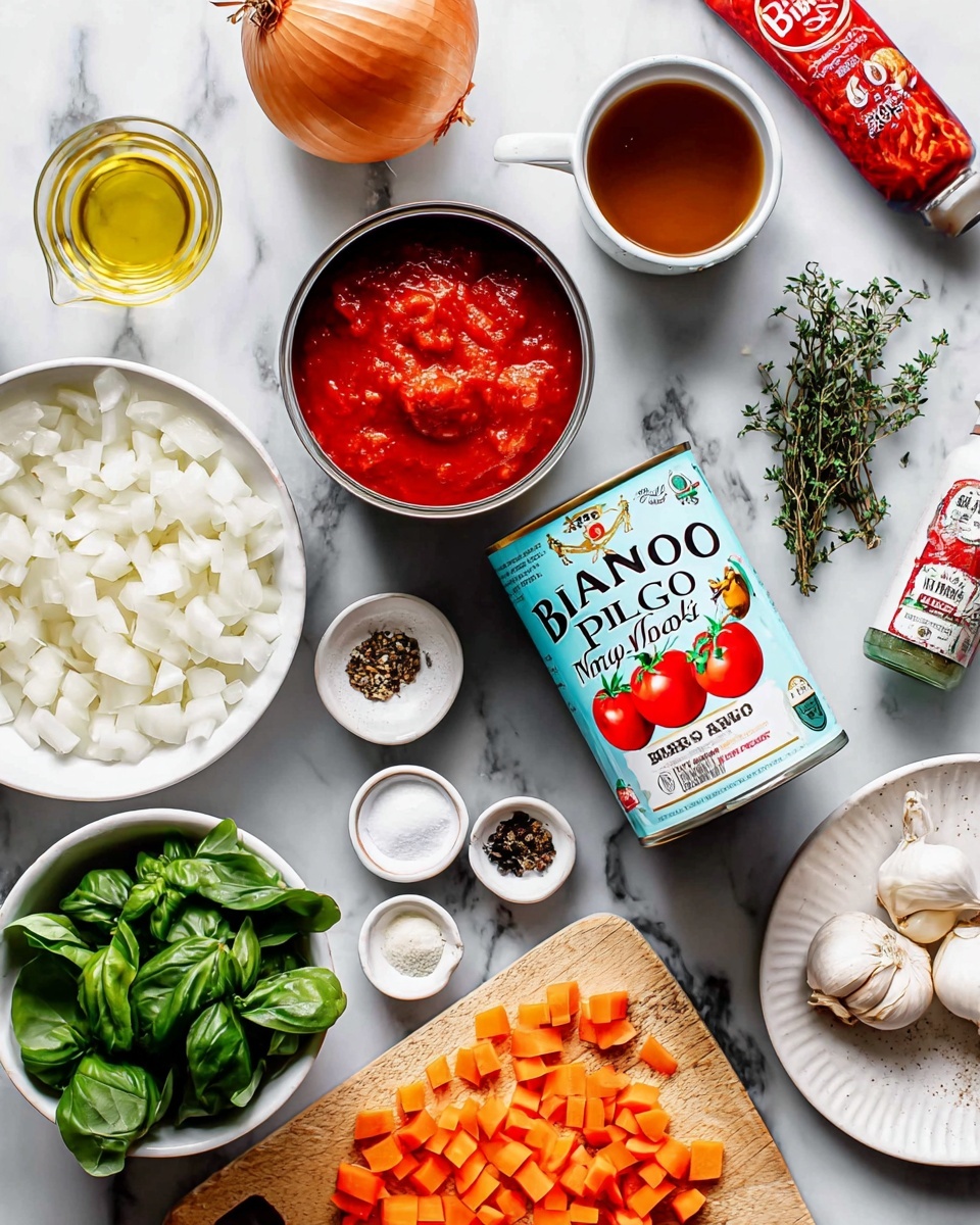 A top view of various cooking ingredients arranged on a white marbled surface, including a white bowl with diced onions in the bottom left, another white bowl with fresh green basil leaves in the bottom right, and a chopping board with chopped orange carrot pieces and a large onion on the left side. Near the center, an open can with bright red tomato sauce is positioned beside a light blue can with red tomatoes labeled “Bianco Di Napoli.” There are also small bowls with salt and pepper, a small glass container with olive oil, a jar with white liquid, a cup with brown broth, and a white plate with fresh thyme sprigs and garlic cloves on the upper right side, along with a red tube of tomato paste. The image has natural light and a clean, organized look. Photo taken with an iphone --ar 4:5 --v 7