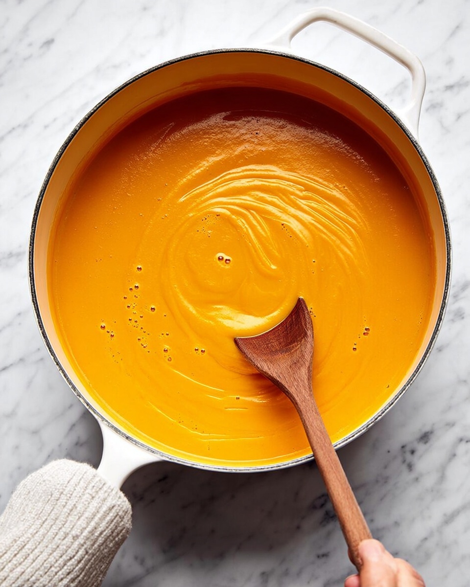 A large white pot filled with smooth, creamy orange soup with a swirl pattern on the surface. A wooden spoon is stirring the soup, held by a woman's hand at the bottom right corner near the pot. The pot is placed on a white marbled surface. The soup appears thick and velvety, with small bubbles on top showing texture. photo taken with an iphone --ar 4:5 --v 7