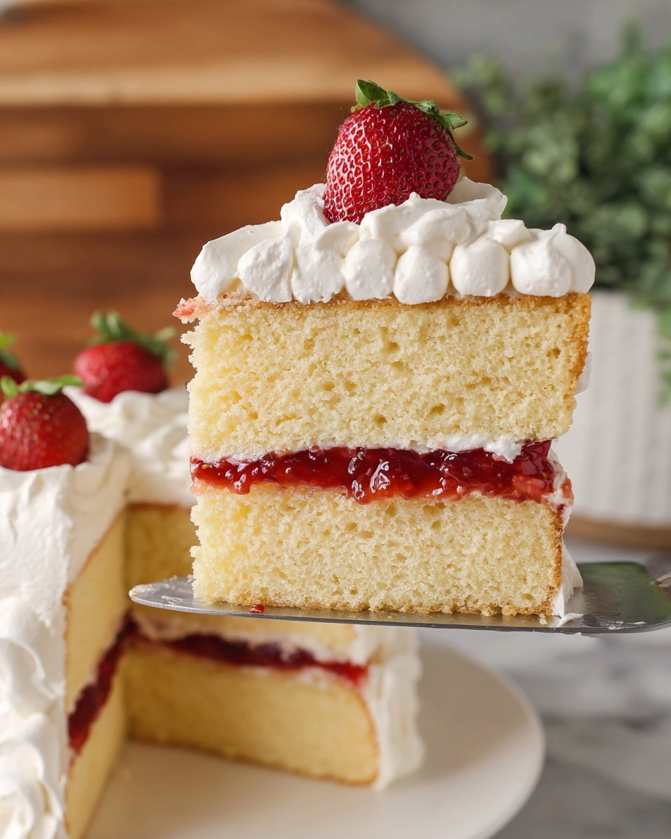 A slice of vanilla sponge cake is shown in close-up, with two thick yellowish layers. Between the layers, there is a middle filling of bright red strawberry jam topped with white cream. The top layer of the cake is decorated with a thick border of white whipped cream in rounded dollops, and a whole red strawberry is placed on top. The cake slice is held up by a metal spatula over a white plate with more cake slices that have similar white cream and strawberry decoration. The background features a soft focus of a wooden cutting board and green plant, all on a white marbled surface. photo taken with an iphone --ar 4:5 --v 7