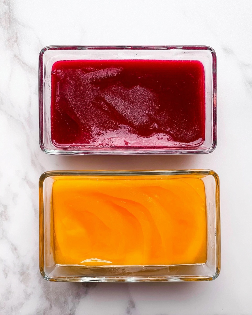 The image shows two clear glass rectangular containers placed on a white marbled surface. The top container holds a deep red, smooth jelly-like layer with a shiny, slightly swirled texture. The bottom container contains a bright orange jelly-like layer, also smooth and glossy with faint swirl marks. The colors are vivid and the textures look soft and moist. photo taken with an iphone --ar 4:5 --v 7