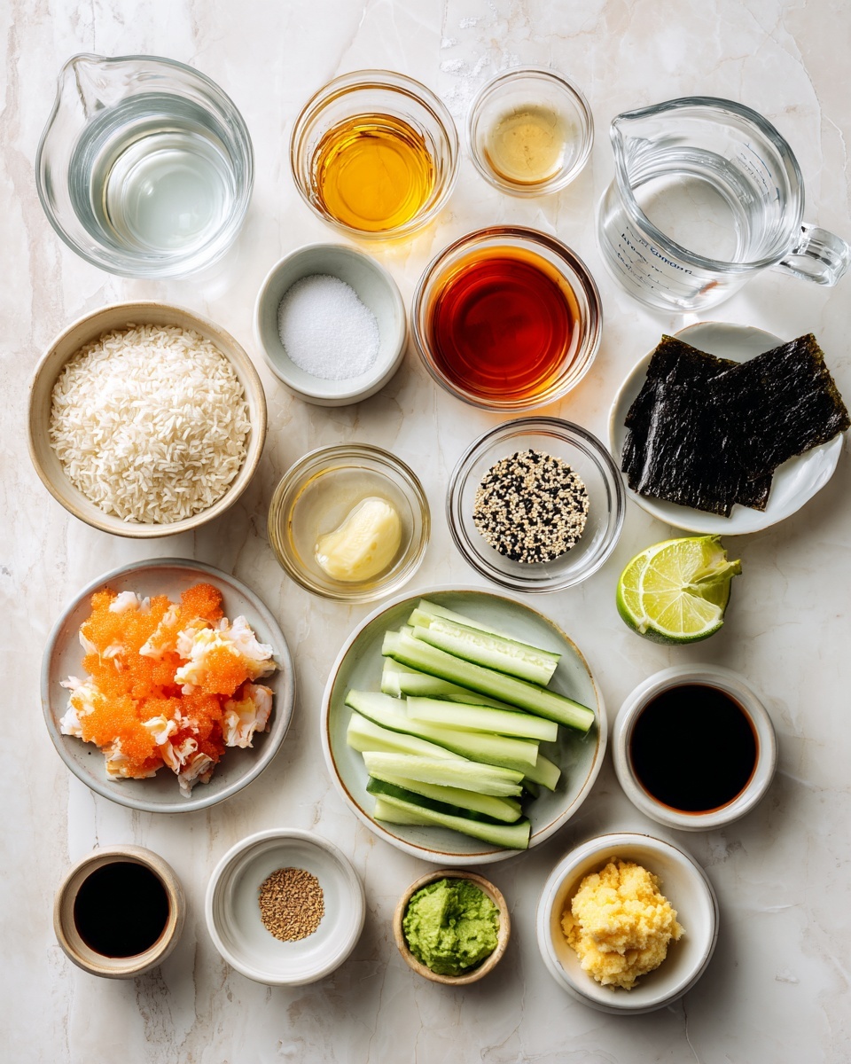 Top-down professional food photography, flat lay style, bright white marble countertop, neatly arranged, evenly spaced, tidy, clean organized layout. Include: bowl of uncooked short grain sushi rice, glass measuring cup of water, small glass cup of unseasoned rice vinegar, small bowl of granulated sugar, small bowl of salt, small plate with thinly sliced imitation crab pieces, small bowl of creamy mayonnaise, small glass cup of spicy red sauce, small glass cup of lime juice, small glass cup of sesame oil, small plate with thinly sliced avocado, small plate with julienned cucumber sticks, plate with cut sheets of dried seaweed, small bowl of mixed black and white toasted sesame seeds, small glass cup of soy sauce, small bowl of smooth green wasabi paste, small bowl of pickled ginger slices. Bright soft natural lighting, sharp focus, high detail textures, realistic reflections, professional DSLR look, 4K. No finished dish, no cooked food, no hands, no text, no watermark, no brand logos --ar 4:5 --v 7