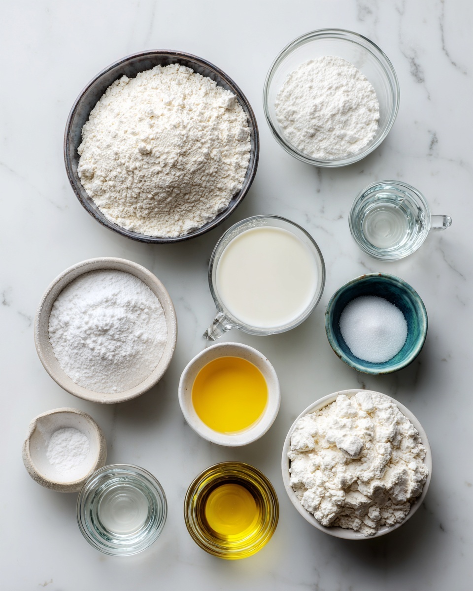 Top-down professional food photography flat lay style, bright white marble countertop, neatly arranged, evenly spaced, tidy, clean organized layout, include: bowl of gluten-free all purpose flour, small bowl of xanthan gum, small bowl of baking powder, small bowl of salt, small bowl of granulated sugar, glass measuring cup of warm water, glass measuring cup of warm milk, small glass cup of olive oil, small bowl of active dry yeast, bright soft natural lighting, sharp focus, high detail textures, realistic reflections, professional DSLR look, 4K, no finished dish, no cooked food, no hands, no text, no watermark, no brand logos --ar 4:5 --v 7