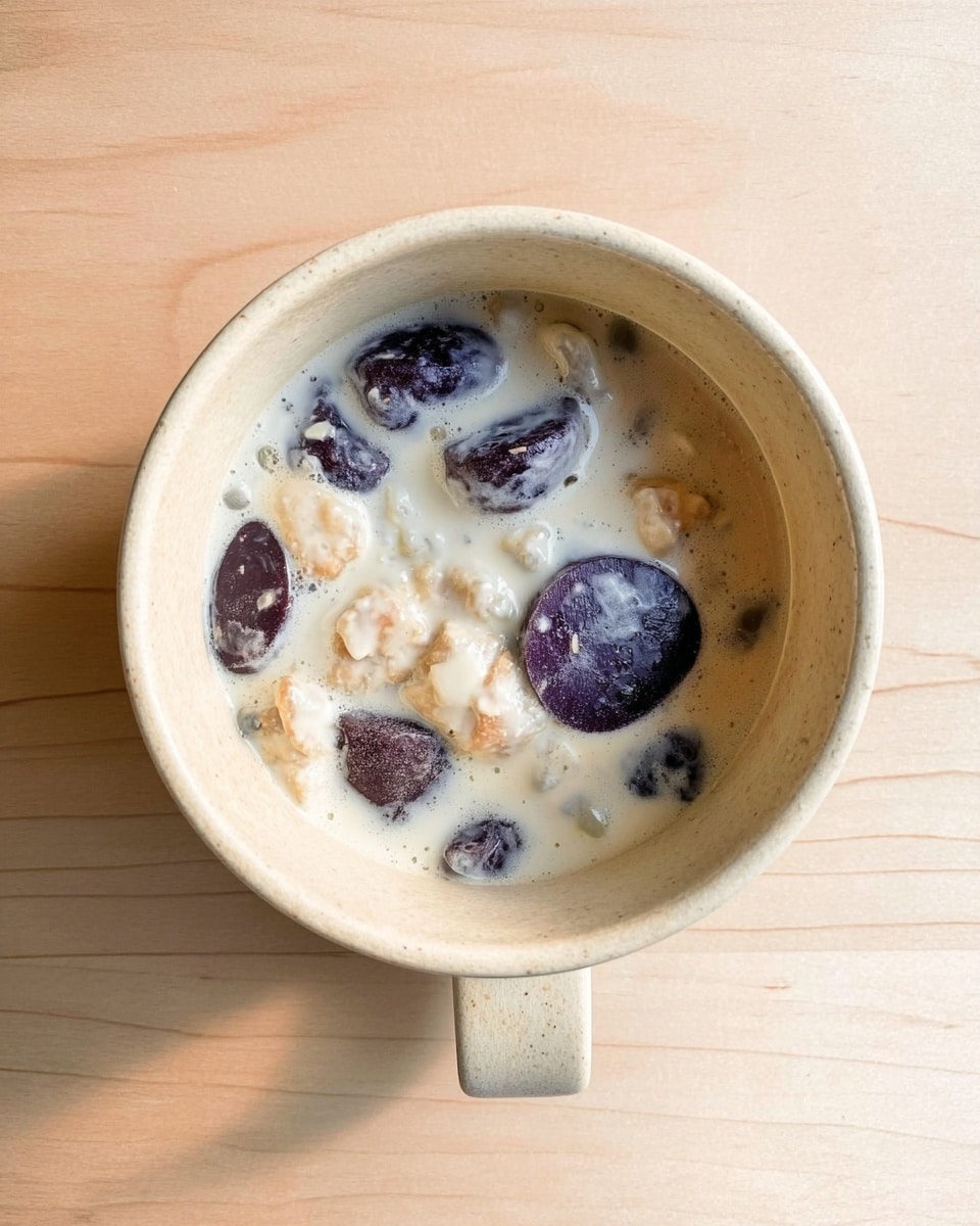 A light beige ceramic cup filled with a creamy white mixture containing several dark purple round slices and small chunks of a light beige ingredient. The creamy mixture has a smooth texture with visible small lumps. The cup is positioned on a light wood surface. photo taken with an iphone --ar 4:5 --v 7