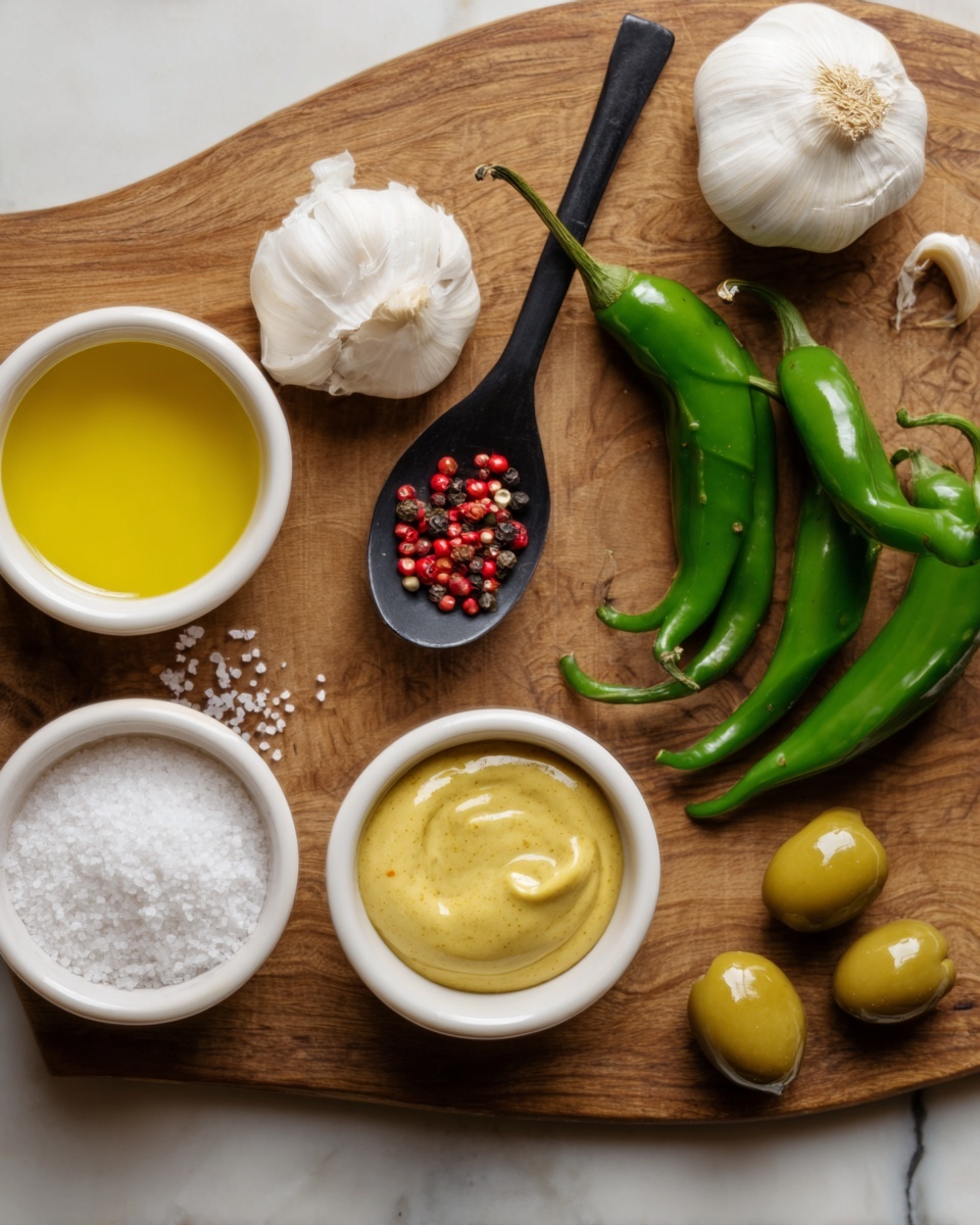 A wooden board holds several small white bowls and a black spoon with ingredients. From left to right, at the bottom are a white bowl full of coarse salt, a white bowl filled with yellow mustard sauce, and a white bowl with olive oil. Above them, a black spoon contains small red peppercorns. In the center top is a whole garlic bulb with a few loose garlic cloves nearby. To the right of the garlic are several fresh green chili peppers and three small green olives with their stems. The whole setup sits on a white marbled surface photo taken with an iphone --ar 4:5 --v 7