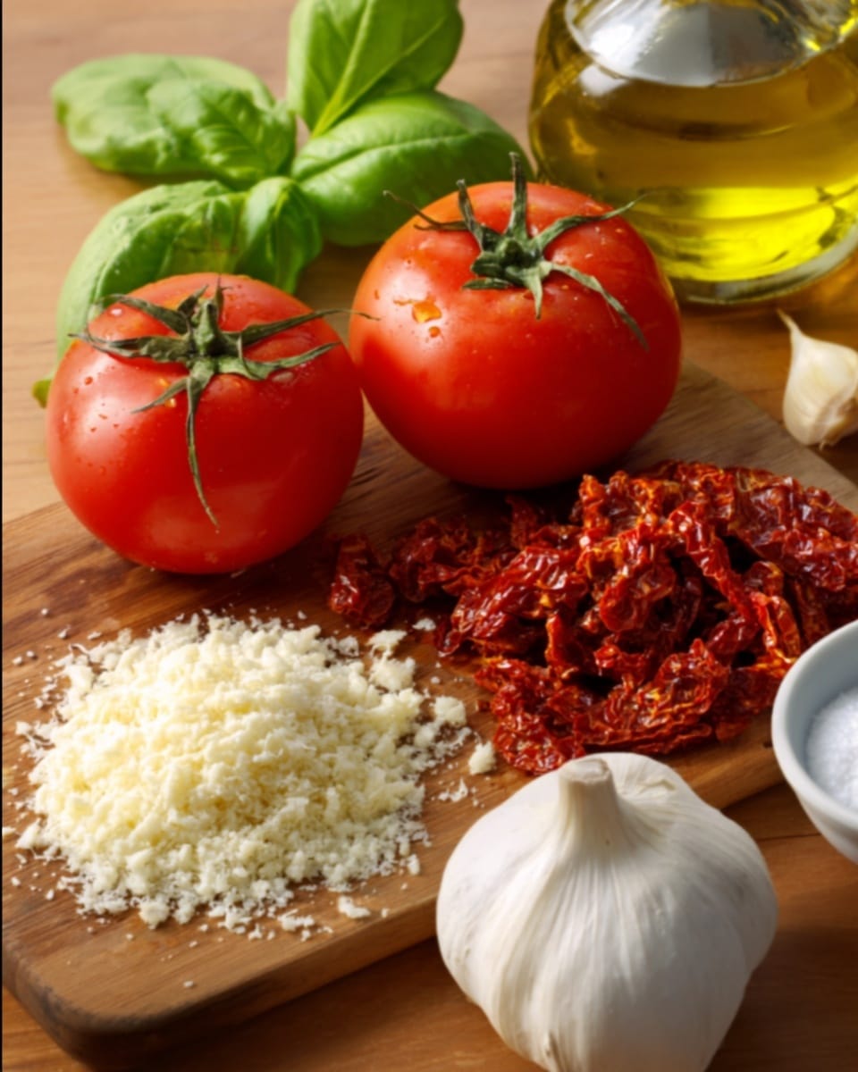 The image shows a close-up of several fresh ingredients on a wooden board. There are two whole red tomatoes with green stems on the right side, a small pile of sun-dried tomatoes with a deep red color in the center, and a small mound of finely grated white cheese in the front left. To the far right, there is a whole bulb of garlic with smooth white skin, and a small round white bowl containing a white powder, likely salt, is partially visible. On the far left, there is a fresh green basil leaf and part of a glass bottle filled with golden olive oil. The scene is bright and colorful, showing layers of smooth, shiny tomatoes, dry wrinkled sun-dried tomatoes, soft grated cheese, and garlic with a papery texture, all arranged neatly on a warm wooden surface. photo taken with an iphone --ar 4:5 --v 7