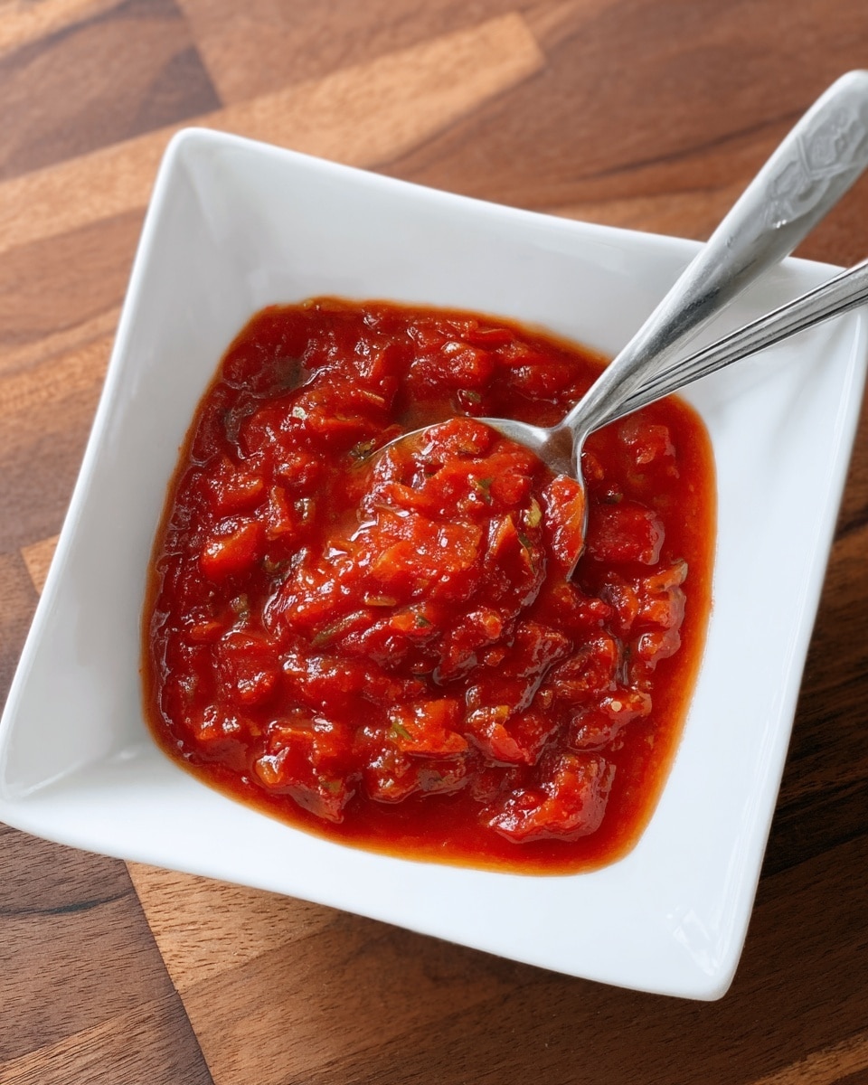 A white square bowl filled with thick, chunky red tomato sauce that has visible bits of tomato and herbs. A silver spoon is resting inside the bowl on the right side, partially submerged in the sauce. The bowl is placed on a wooden surface, but the background should be imagined as white marbled texture. photo taken with an iphone --ar 4:5 --v 7